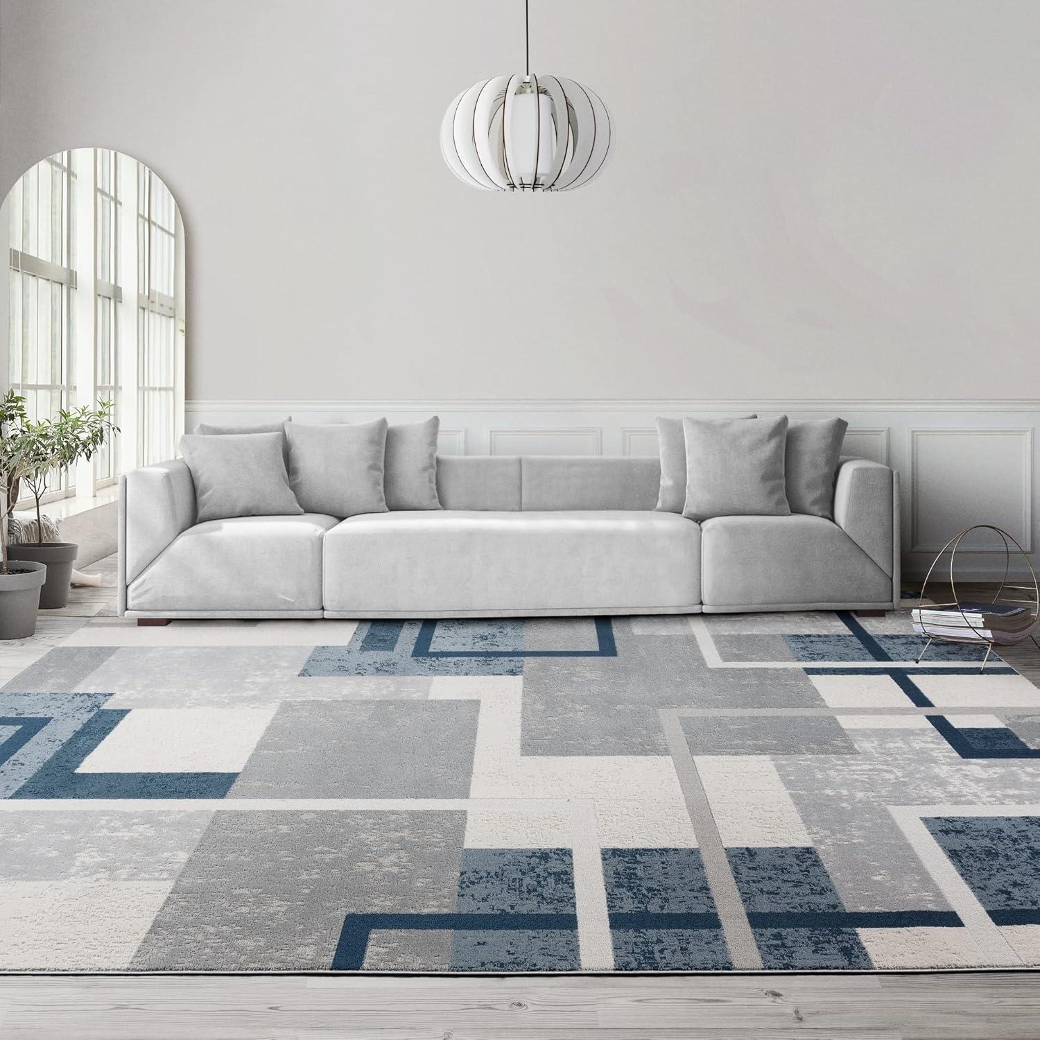 Gertmenian Ethan Abstract Geo Polyester/Polypropylene Modern Blue High-Low Area Rug