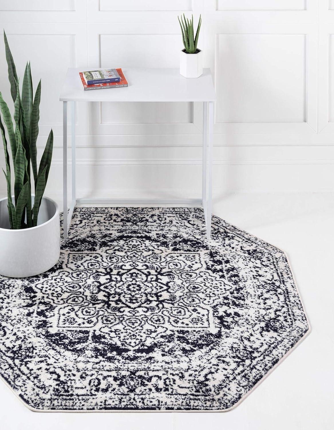 Gray Synthetic Octagon Medallion Easy Care Rug