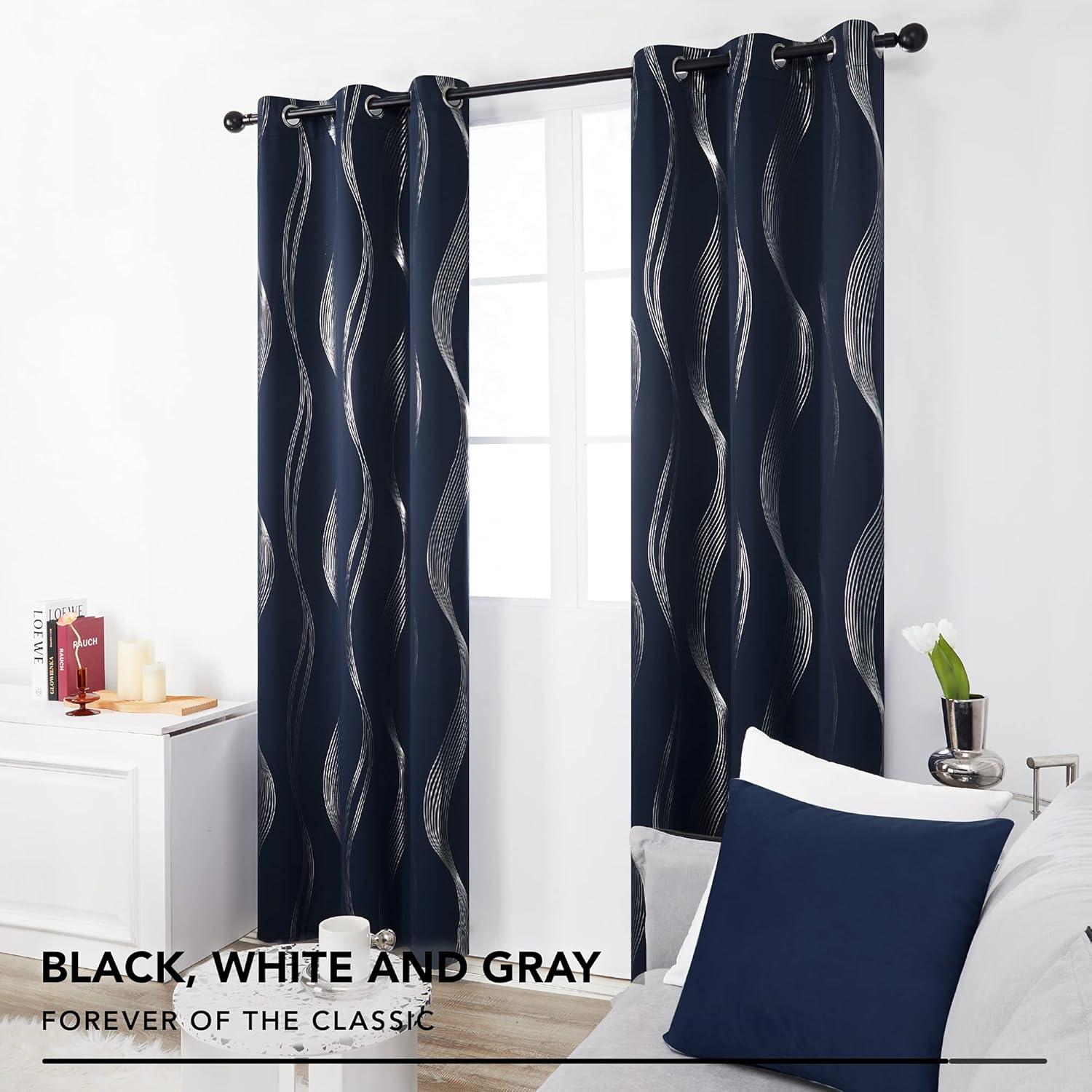 Deconovo Grommet Wave Line Foil Printed Thermal Insulated Blackout Curtains for Children 2 Panels 52x84 inch Navy Blue