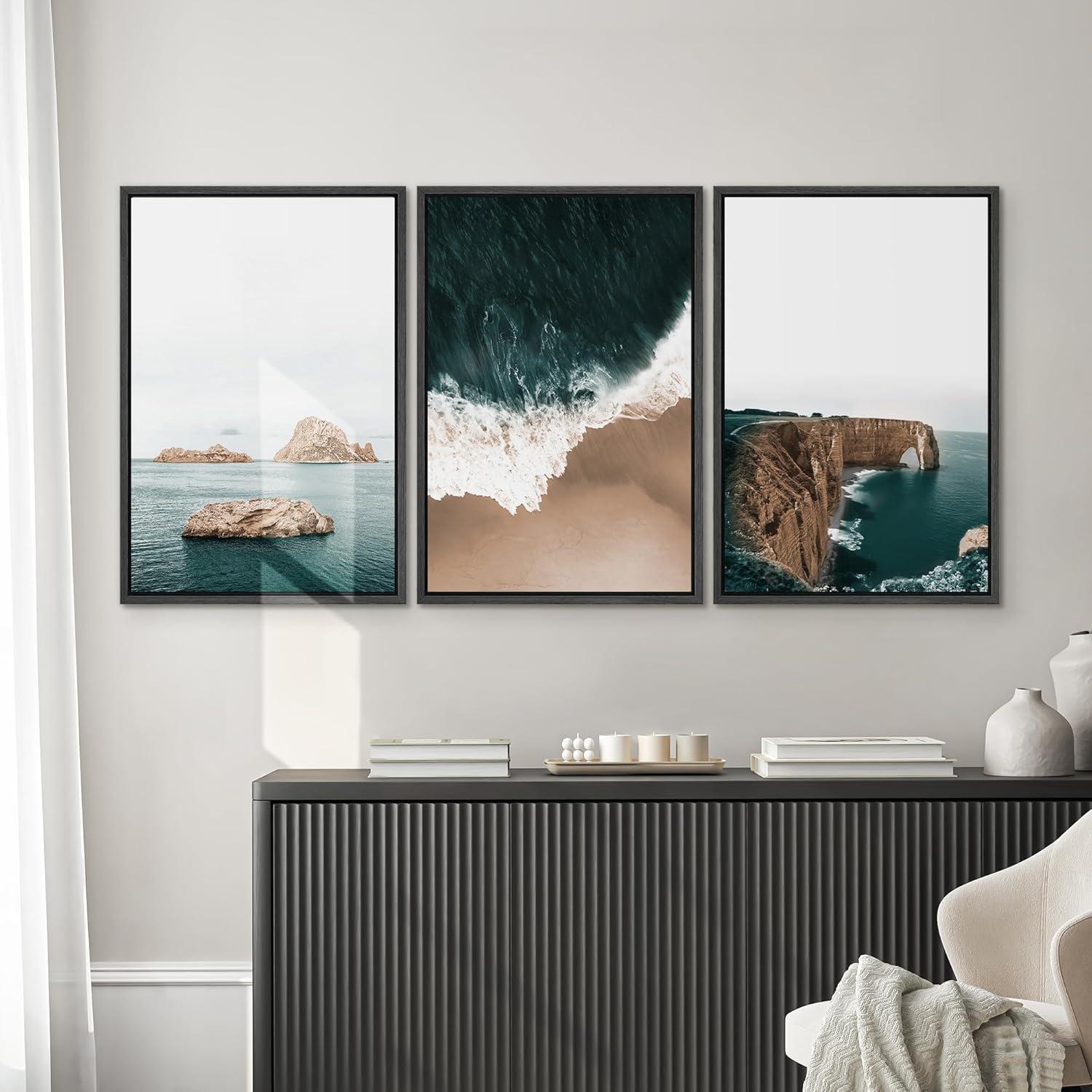 36" x 24" Black Framed Blue Ocean Canvas Print Set