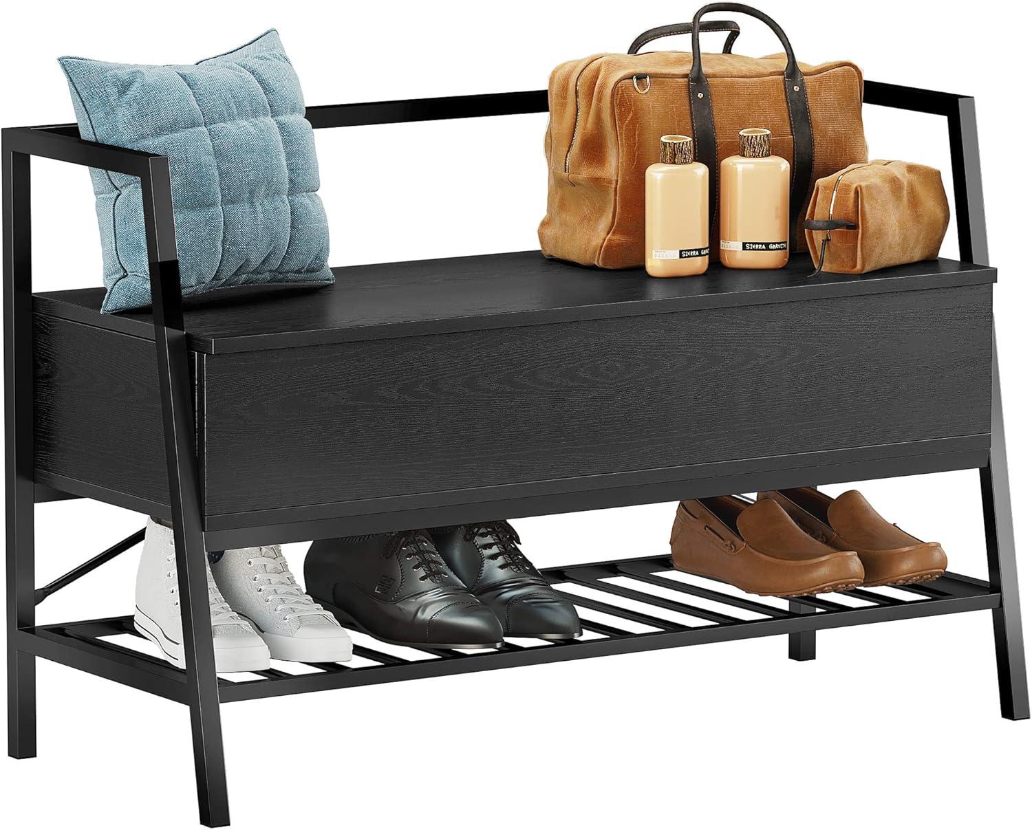 Black Metal and MDF Entryway Storage Bench with Shoe Rack