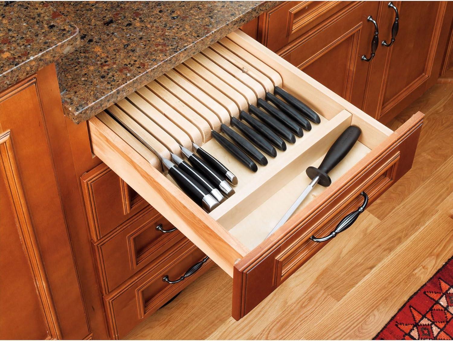 Rev-A-Shelf 4WDKB-1 2-Row Trimmable 55 Slot Knife Block Tray Kitchen Drawer Organizer Insert with Utensil Holder Tray