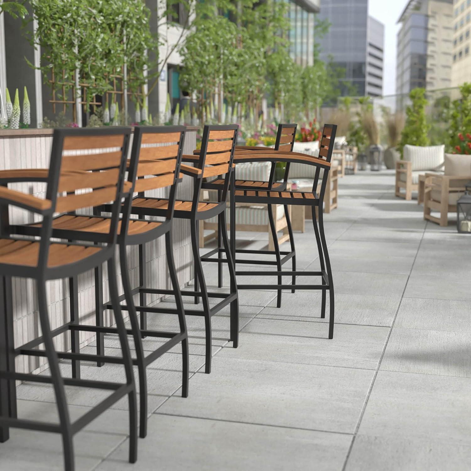 Flash Furniture Lark Commercial Grade Bar Height Stool with Arms, All-Weather Outdoor Bar Stool with Faux Wood Poly Resin Slats and Aluminum Frame