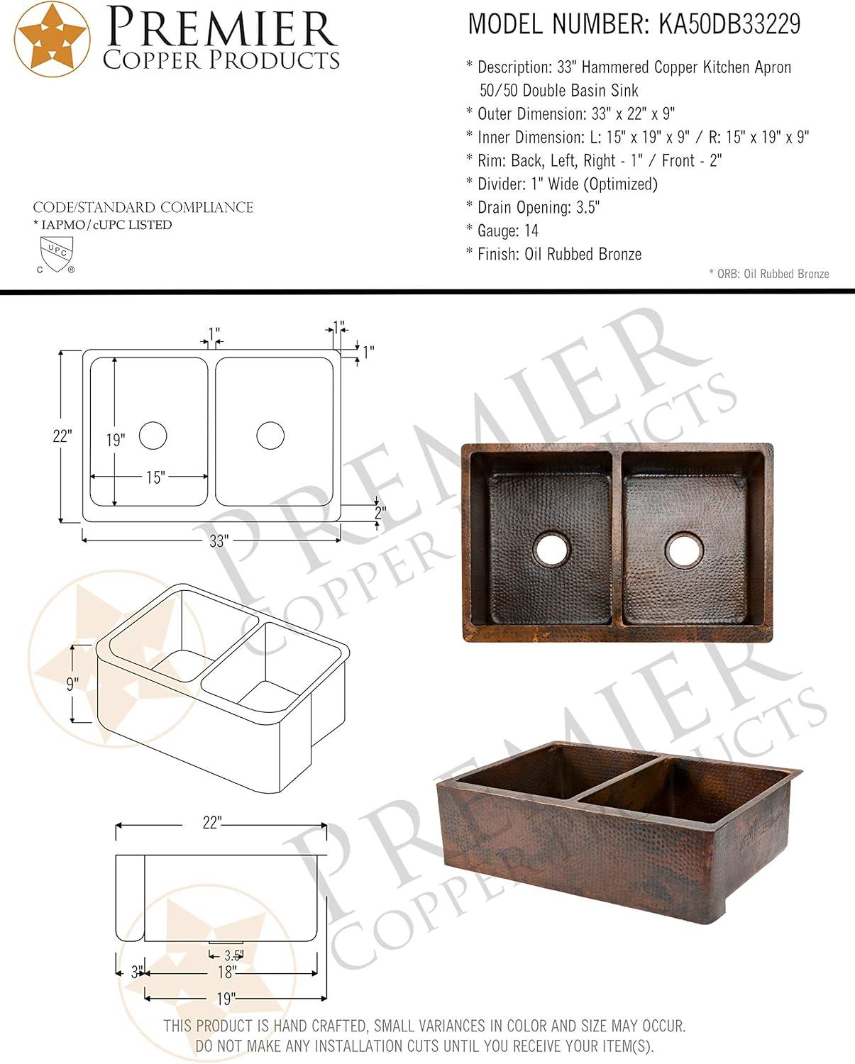 Premier Copper Products KA50DB33229 33" Hammered Copper Apron Front 50/50 Double Basin Kitchen Sink