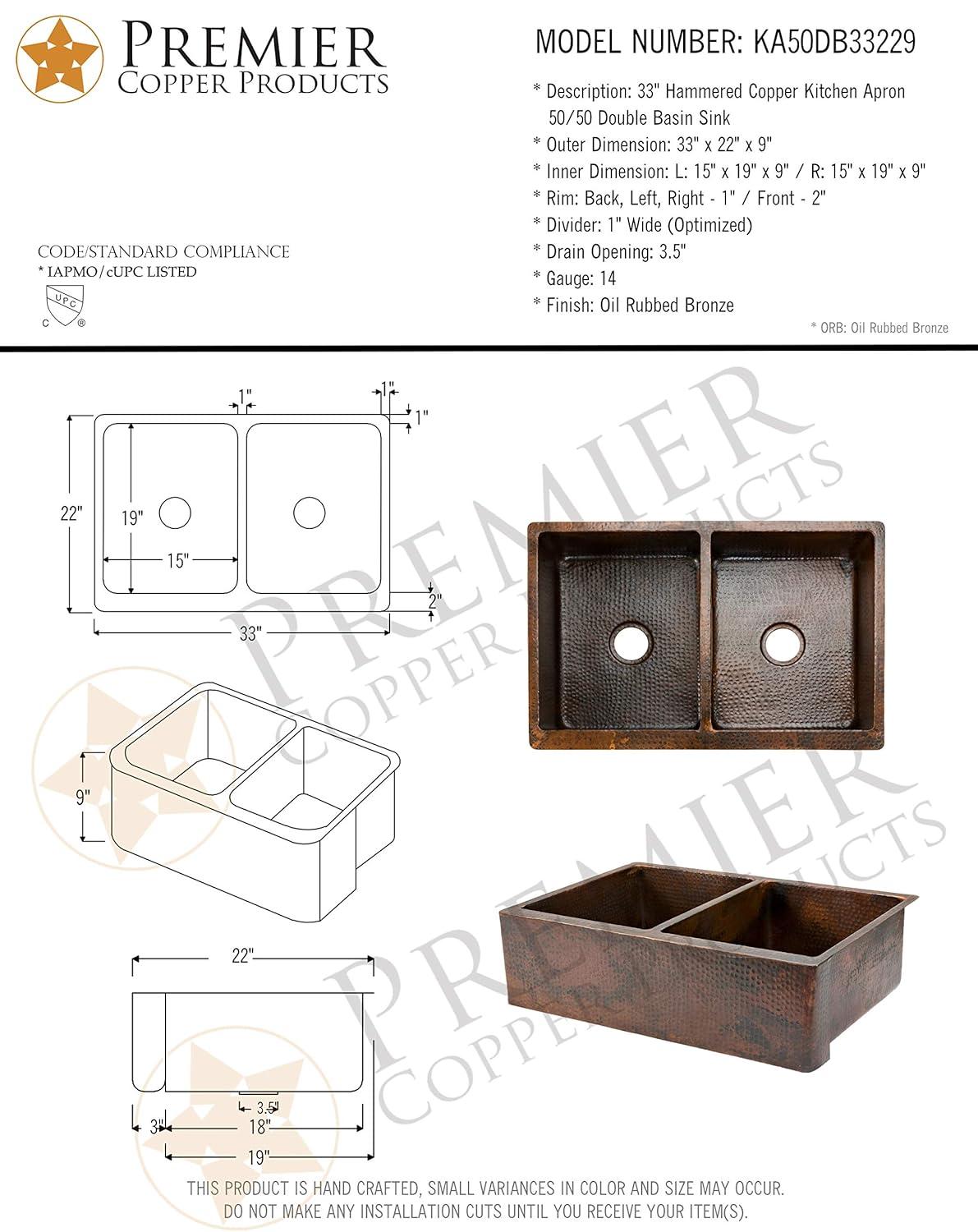 Premier Copper Products KA50DB33229 33" Hammered Copper Apron Front 50/50 Double Basin Kitchen Sink