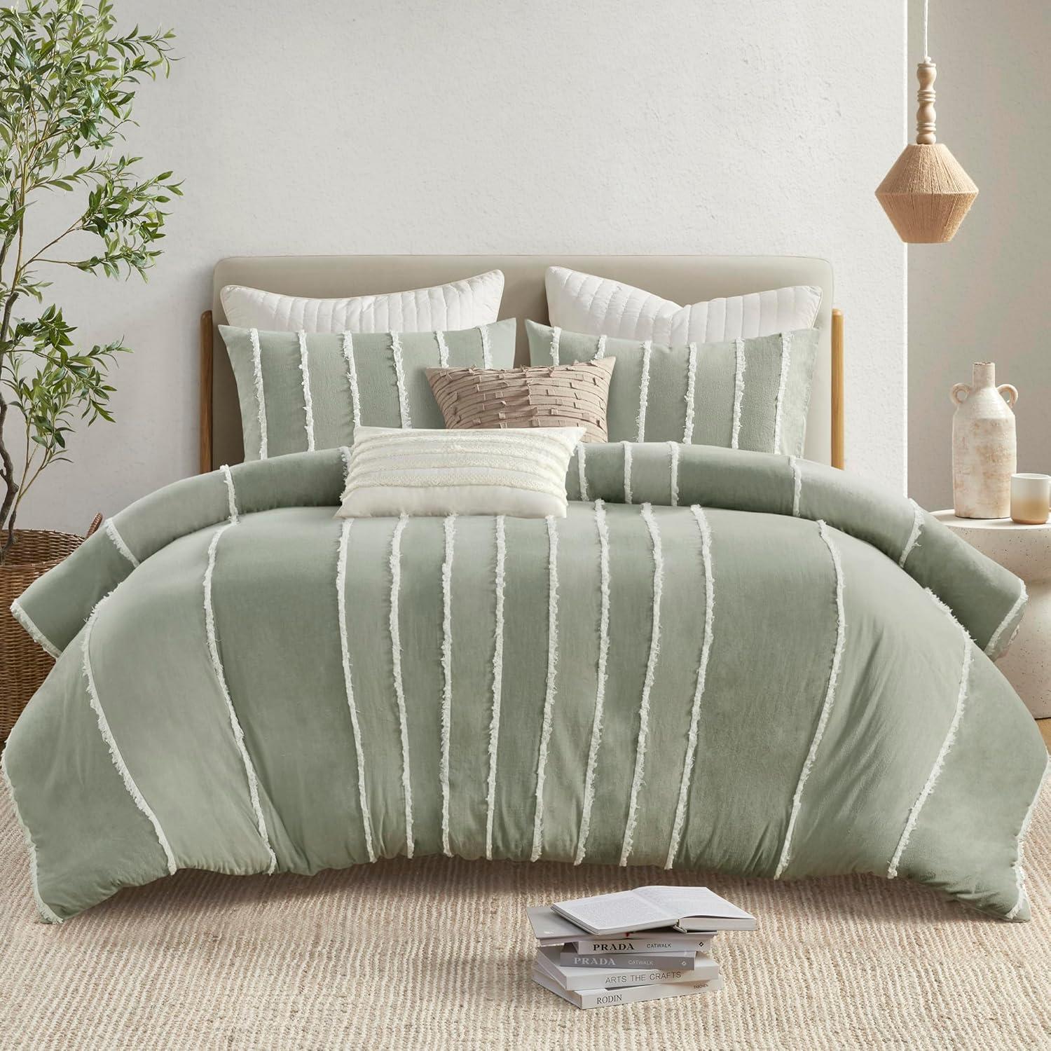 Sage Green Cotton Striped Queen Duvet Cover Set