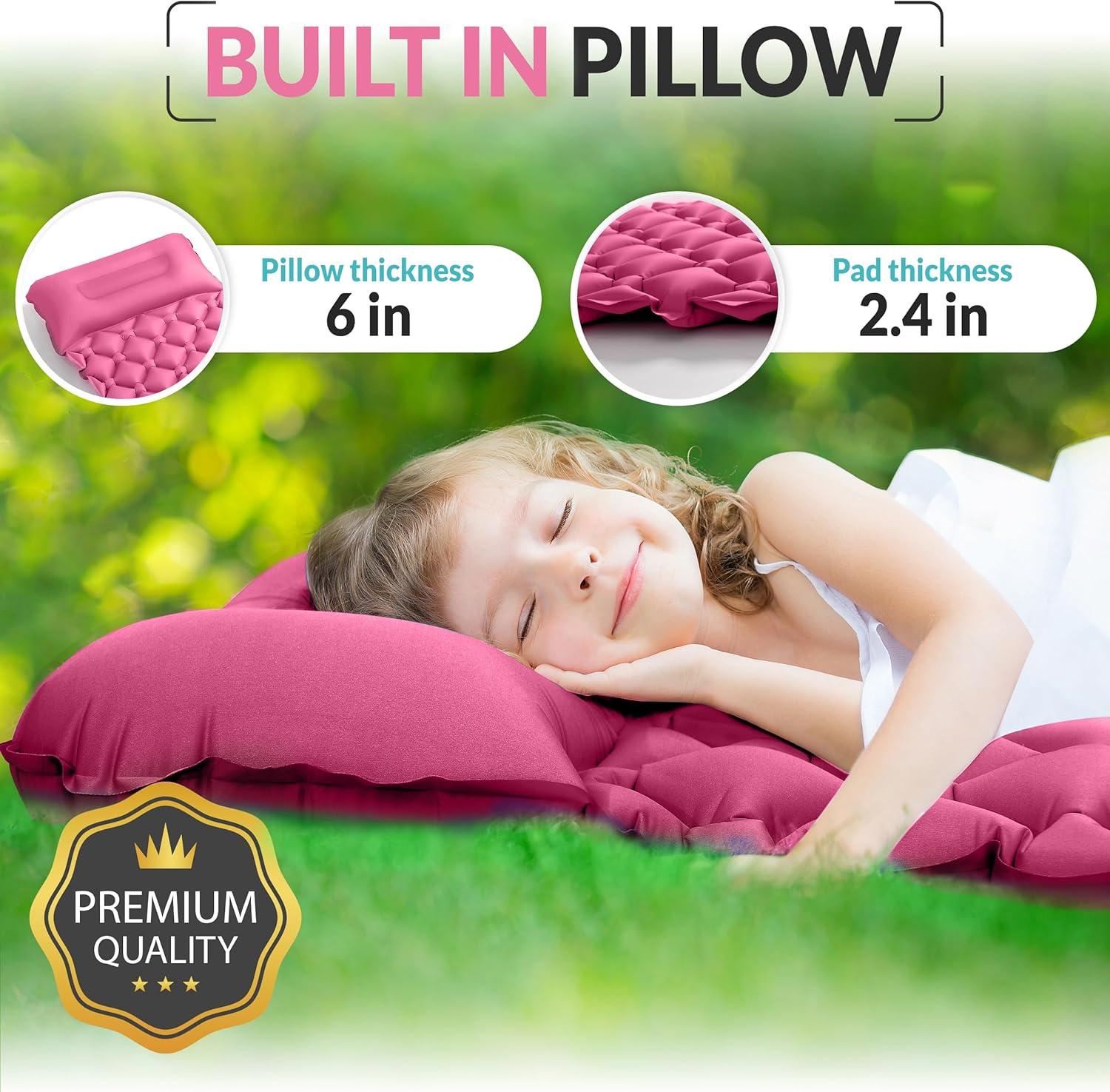 Pink Inflatable Kids Sleeping Pad with Built-In Pillow