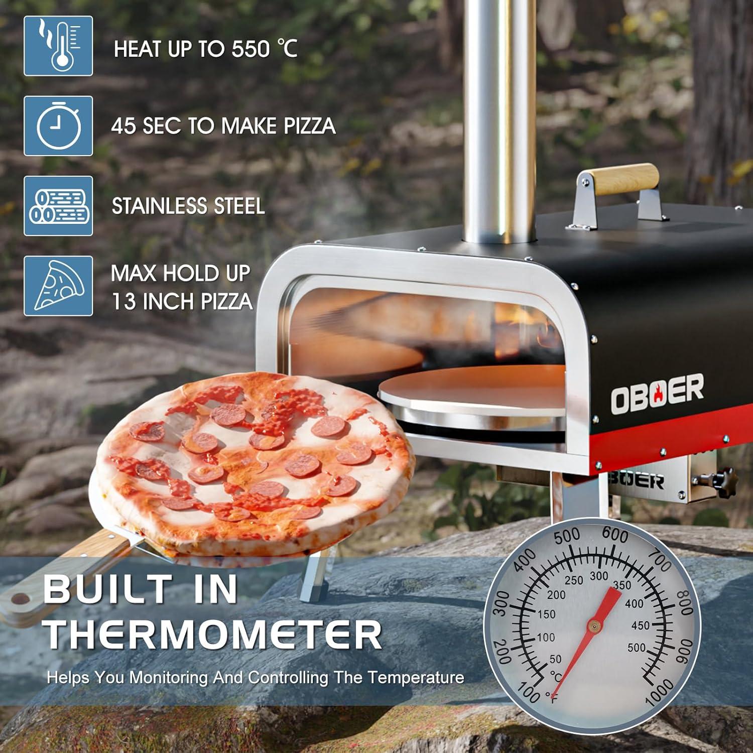 NAIZEA Pizza Oven Outdoor, 13" Rotatable Pizza Ovens, Portable Wood Fired and Gas Pizza Oven, Stainless Steel 3-Layer Oven with Built-in Thermometer, Pizza Cutter & Carry Bag