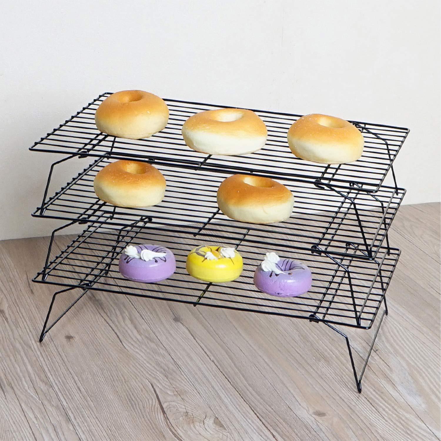 Duslogis Stainless Steel Baking Rack 3-Tier Stackable Cooling Rack Set for Baking Cooking Grilling - 15.7” x 9.8” - Black