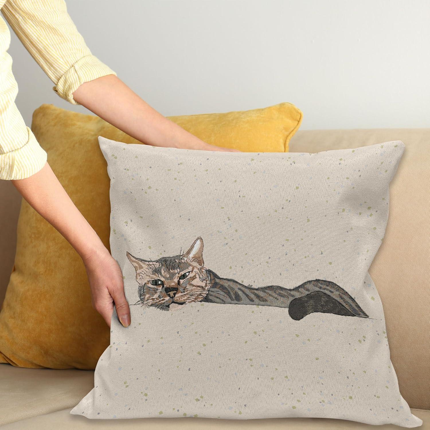 Cat Throw Pillow Cushion Cover, Lazy Sleepy Cat Figure in Earth Tones Cute Furry Mascot Indoor Pet Art Illustration, Decorative Square Accent Pillow Case, 16 X 16 Inches, Grey Beige, by Ambesonne