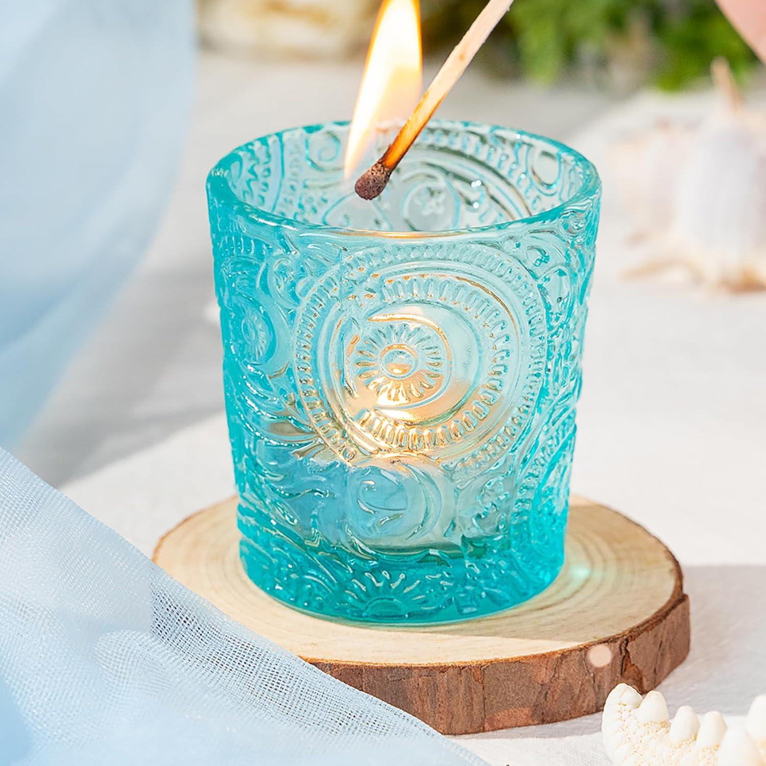 6 Pack Sun Moon Star Embossed Glass Tea Light Candle Holders - Votive Candle Holders for Wedding, Party, Home Decor, and Table Centerpieces (Aqua Blue)