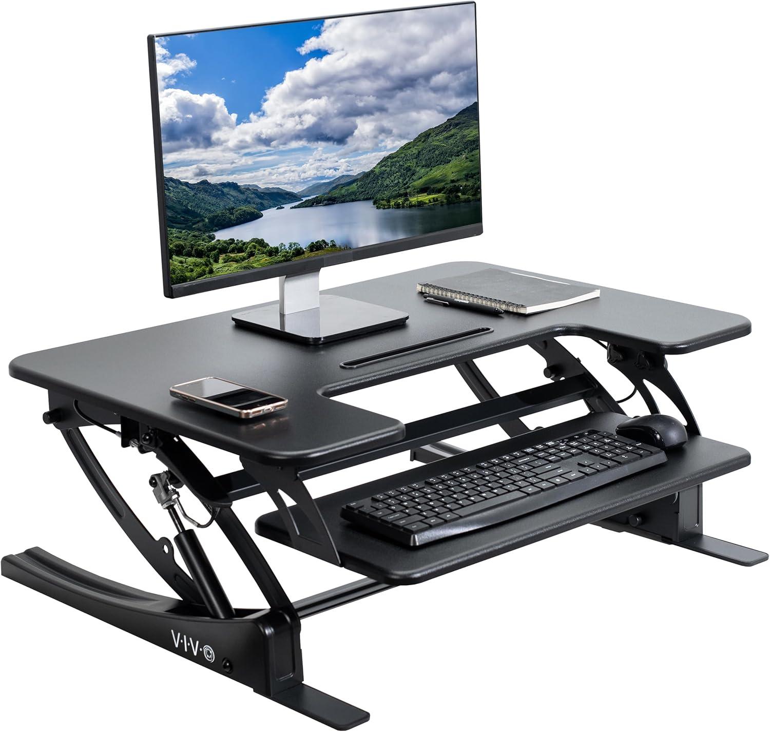 VIVO Black Height Adjustable 32" Standing Desk Monitor Riser Tabletop Sit Stand