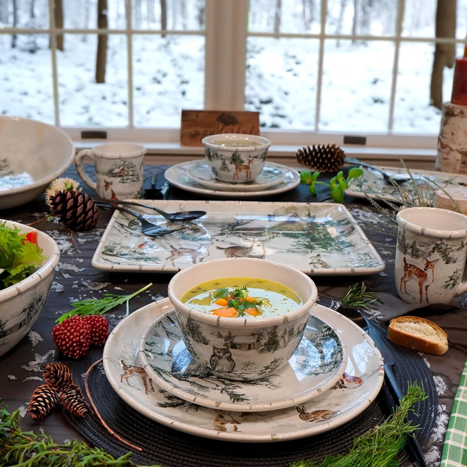 Winter's Frost 16pc Ceramic Dinnerware Set 4 Dinner 4 Dessert Plates 4 Mugs 4 Ice Cream Bowls