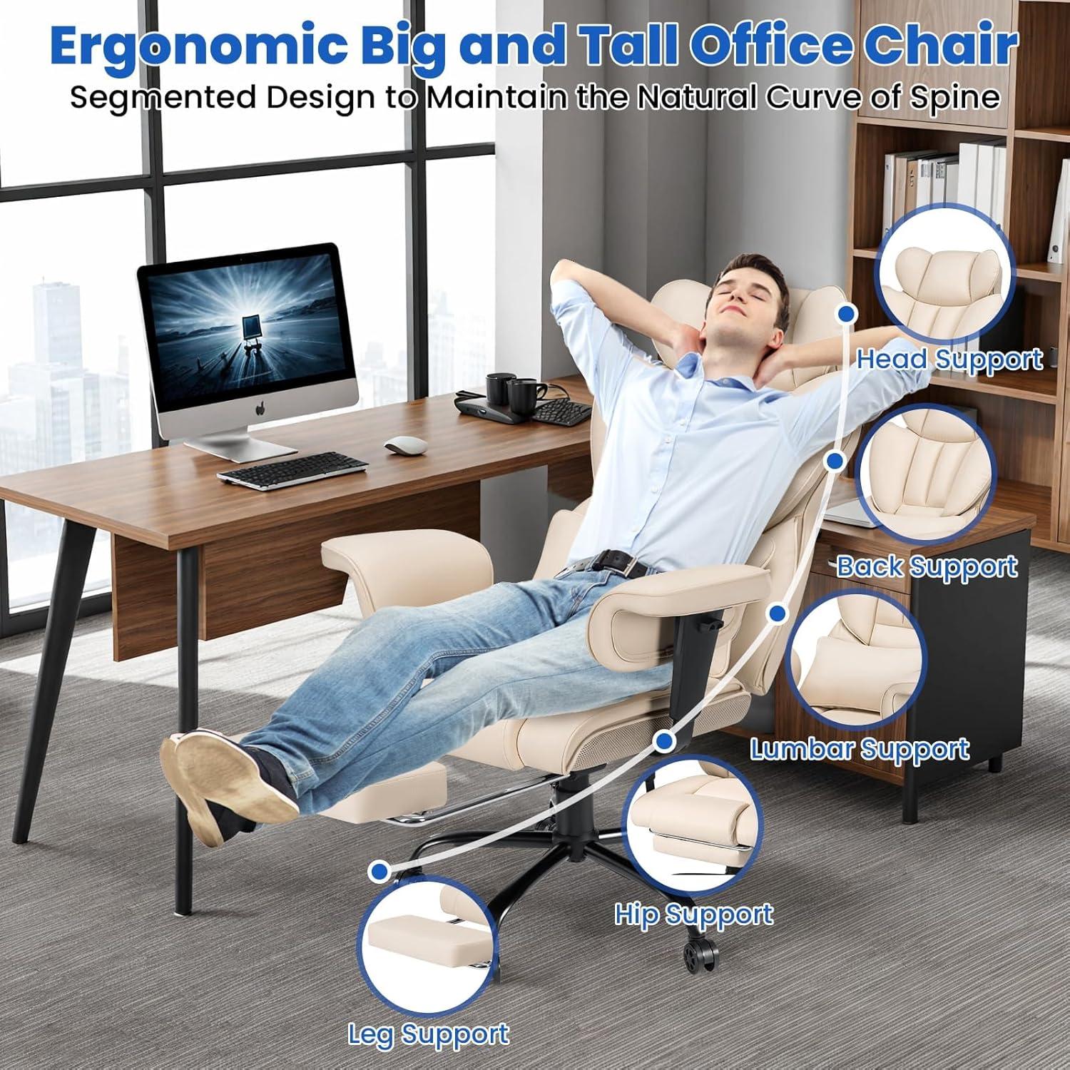 Hoffree Big and Tall Office Chair 450lbs, Executive Computer Desk Chair with Massage Ergonomic  Leather Chair with Footrest Reclining Desk Office Chair with Lumbar Support for Home Office