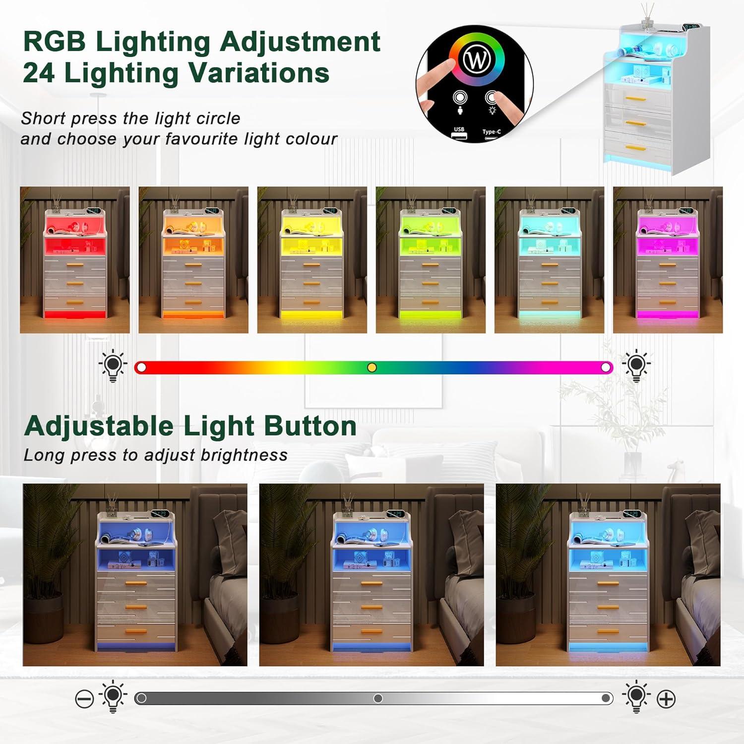 HNEBC Smart LED Nightstand with Wireless Charging & USB Ports, High Glossy Night Stand with 3 Drawers and 1 Pull-Out Tray, Modern Bedside Table with Human Sensor for Bedroom (White)