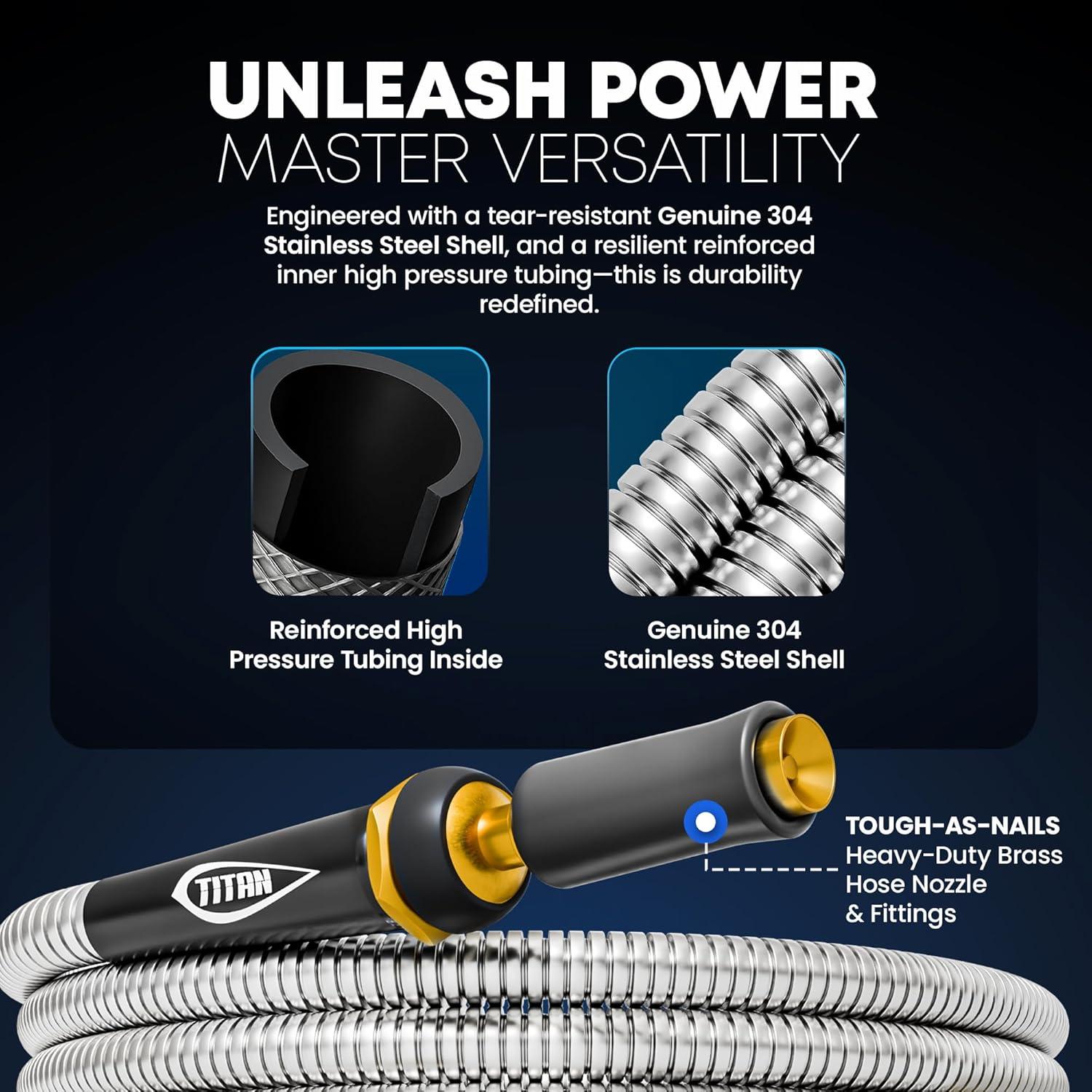 TITAN Garden Hose 100FT - 304 Stainless Steel Metal Water Hose, Flexible, Kink-Free, Lightweight, Durable, Crush Resistant Fittings, Easy to Coil, 500 PSI