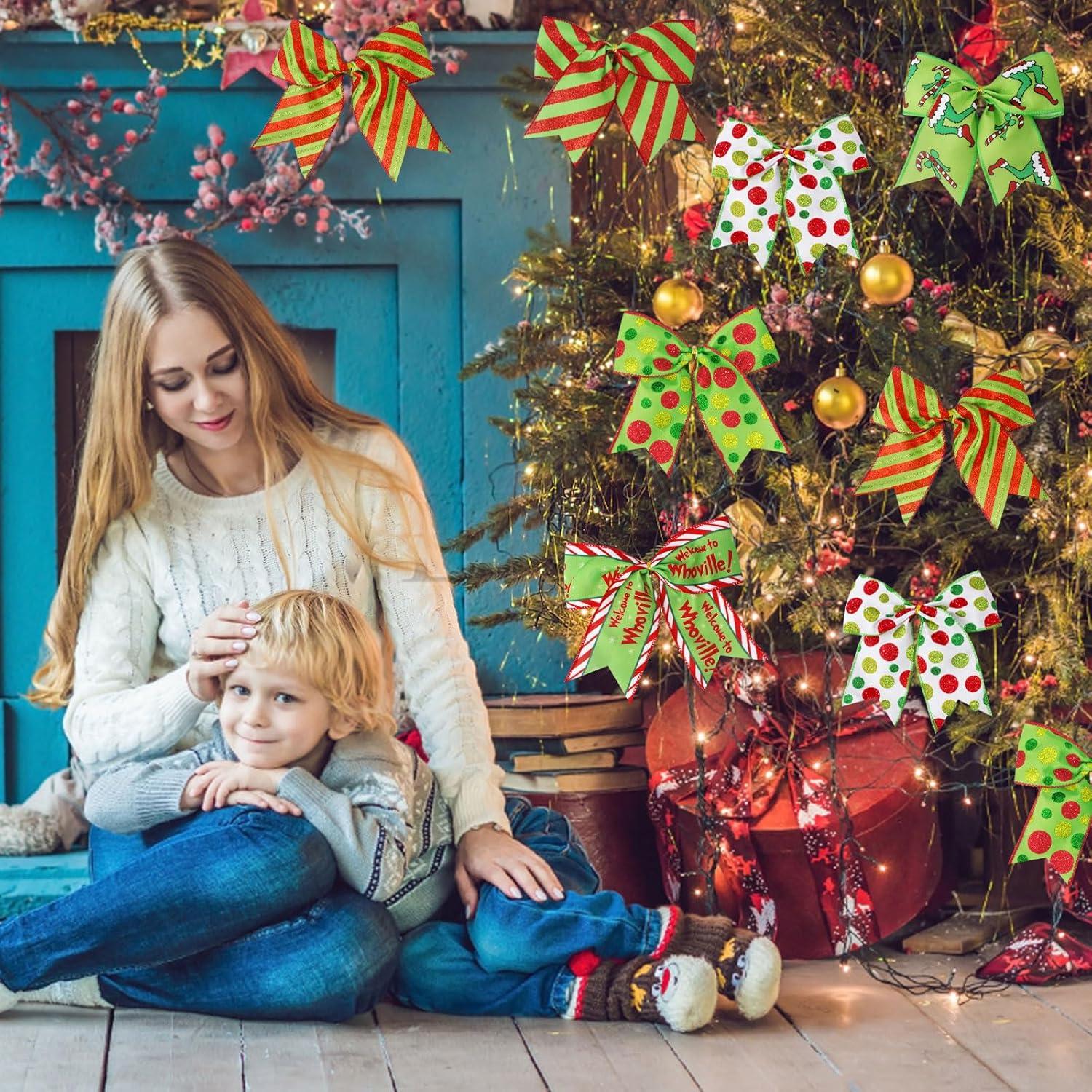 Sandistore Cute Cars 12pcs Christmas Tree Bows Ornaments 6 Inch Large Christmas Wreath Bows Red Green Xmas Tree Bows Christmas Glitter Dot Bows Ribbons Decoration For Garland Diamonds for Crafts