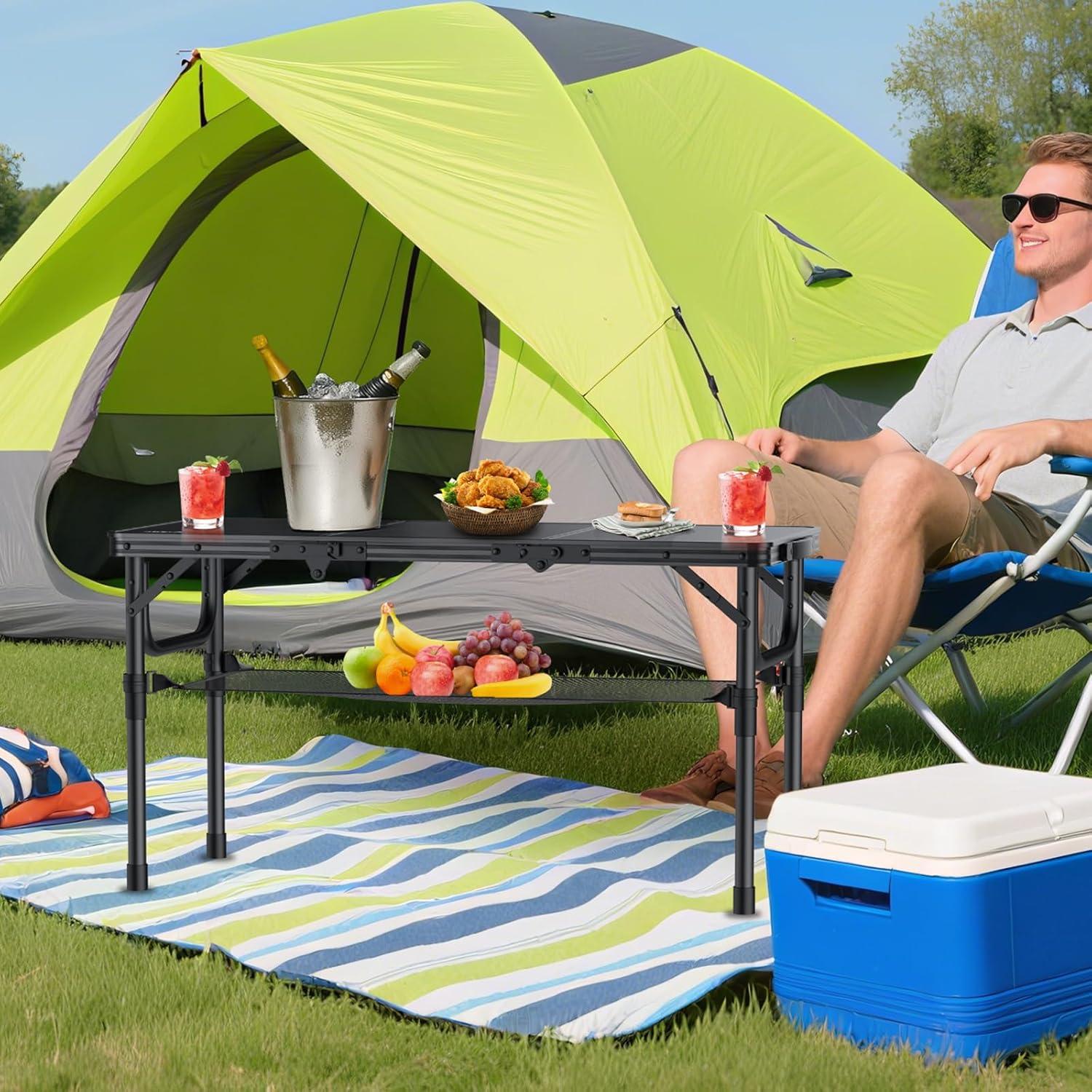 Black Aluminum Folding Camping Table with Adjustable Heights and Storage Net