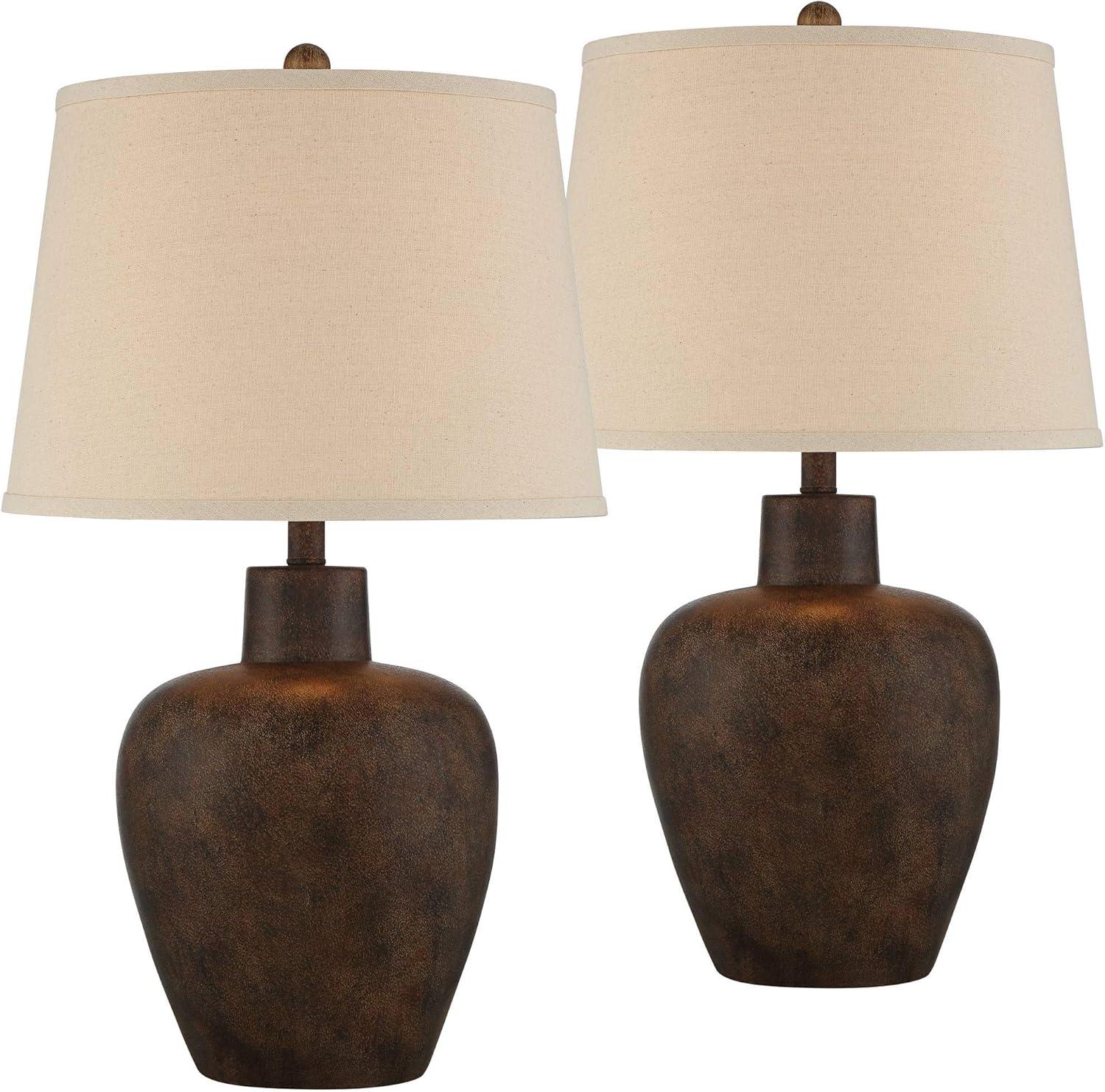 Regency Hill Glenn Rustic Farmhouse Table Lamps 27" Tall Set of 2 Dark Terra Cotta Tapered Fabric Drum for Bedroom Living Room Bedside Nightstand Home