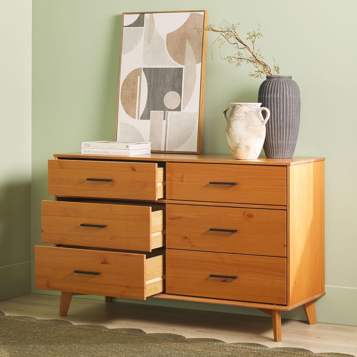 Caramel Solid Pine Wood 6-Drawer Dresser with Metal Handles