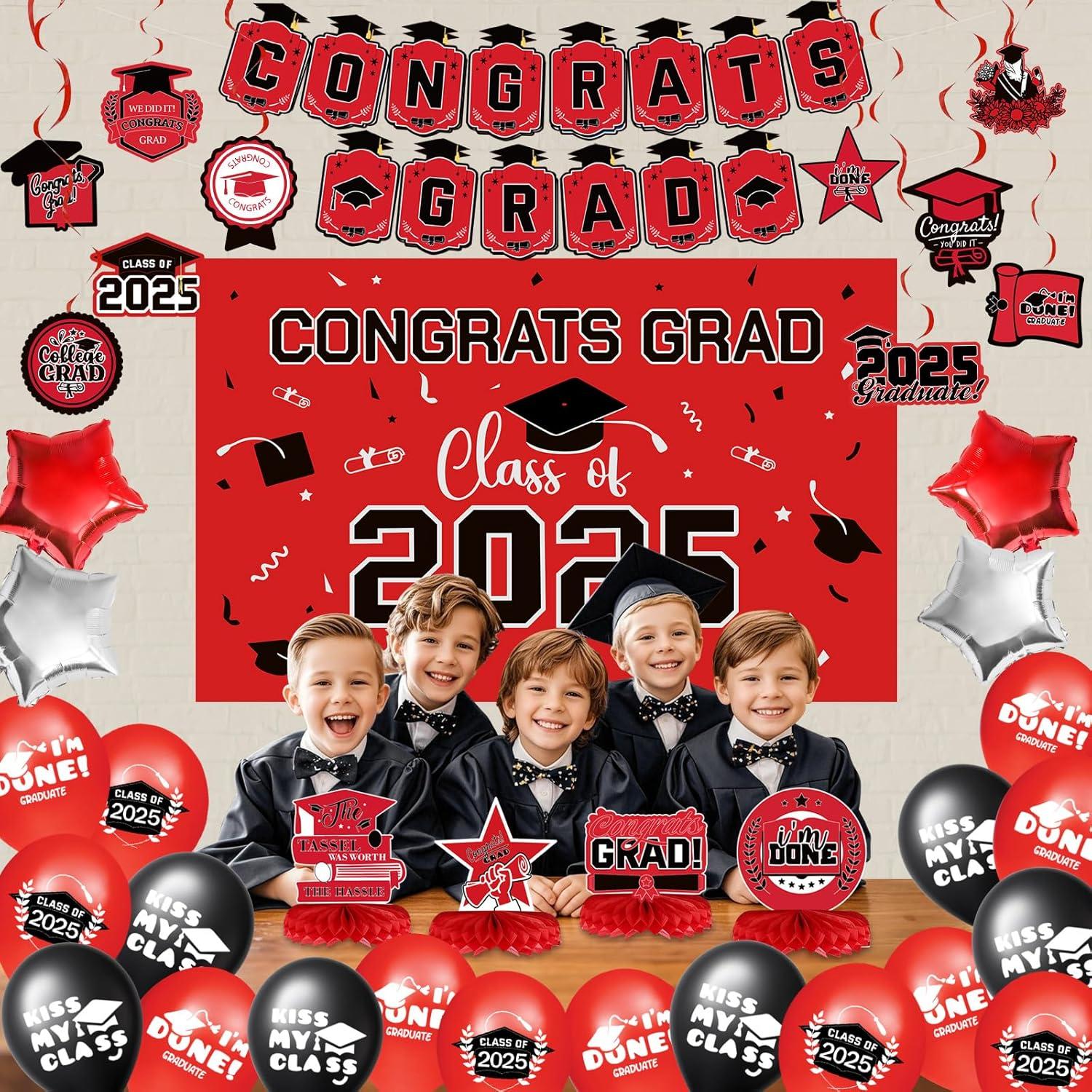 2025 Graduation Party Decoration, Red Gold Themed Set with Congrats Grad Banner, Balloons, Foil Number 2025 for Class of 2025 Graduation Party Supplies