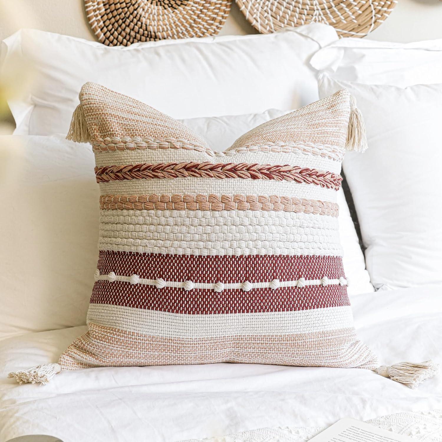 Coastal Blue Boho Decorative Throw Pillow Cover 20x20 Modern Bohemian Accent Pillow Case Square Woven Textured Farmhouse Pillows for Couch Bed (Pack of 1)