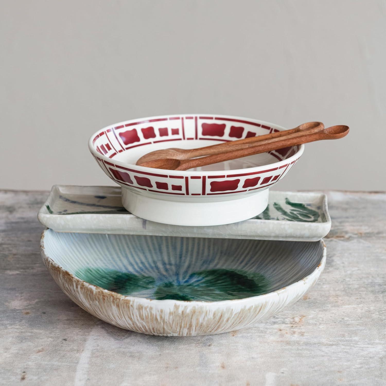 Green and White Ceramic Serving Bowl with Reactive Glaze