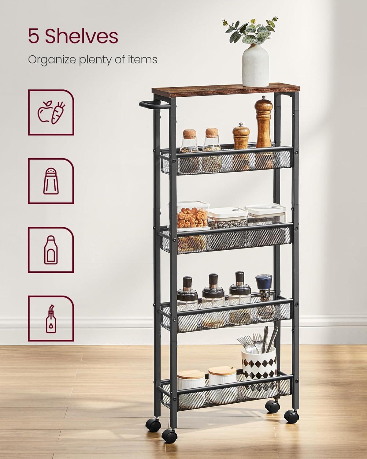 Black Metal and Particleboard 5-Tier Slim Kitchen Cart with Wheels