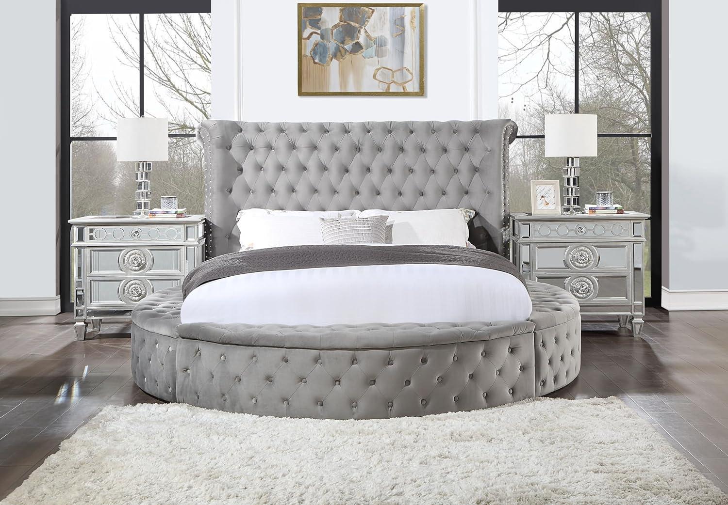 109" Queen Bed Gaiva Bed Gray Velvet - Acme Furniture: Elegant Nailhead, Button-Tufted Design, Wood Composite Frame