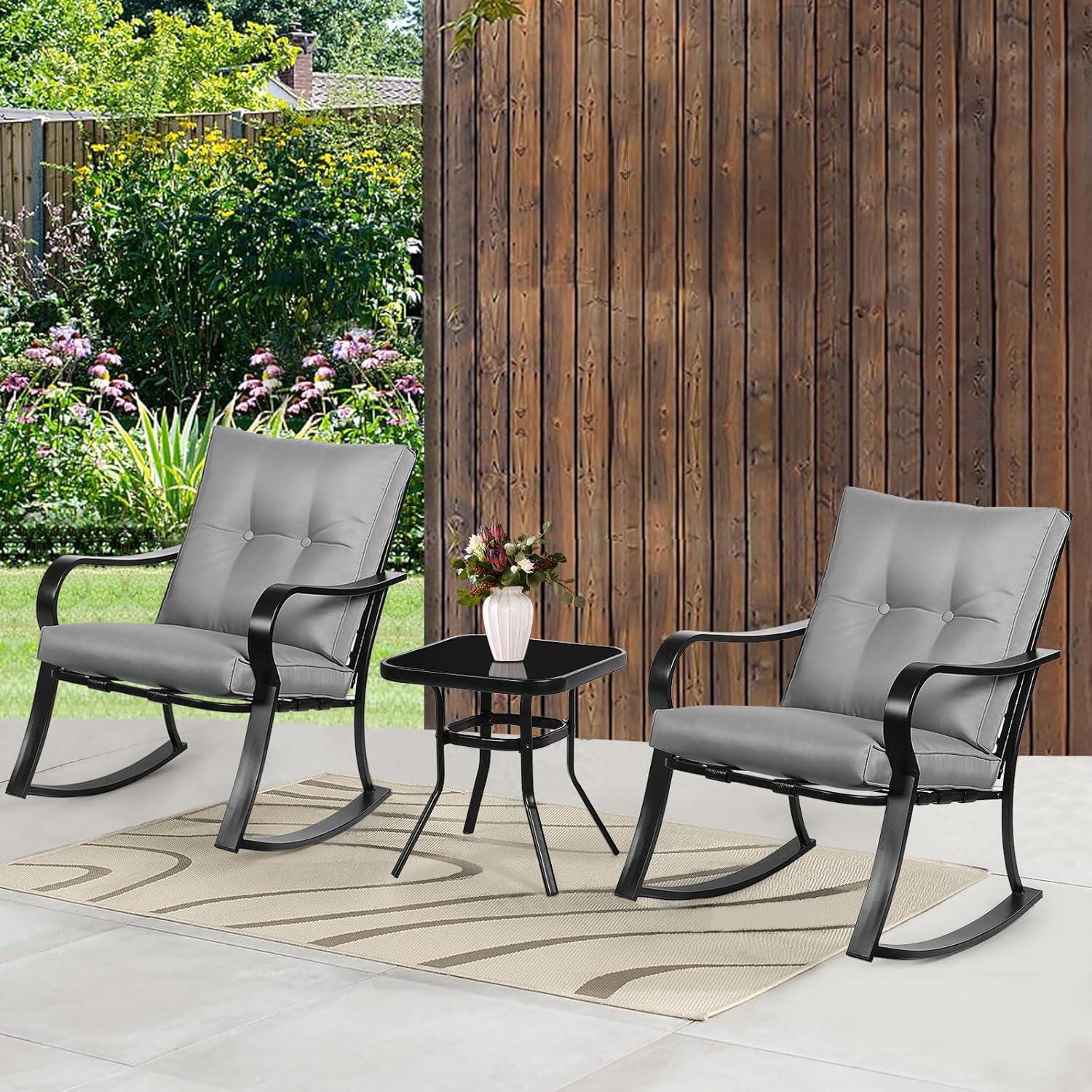 Crownland Outdoor Rocking Chairs Patio Furniture 3 Piece Patio Set Bistro Table Set Black Iron with Thickened Cushions and Glass Coffee Table, Grey