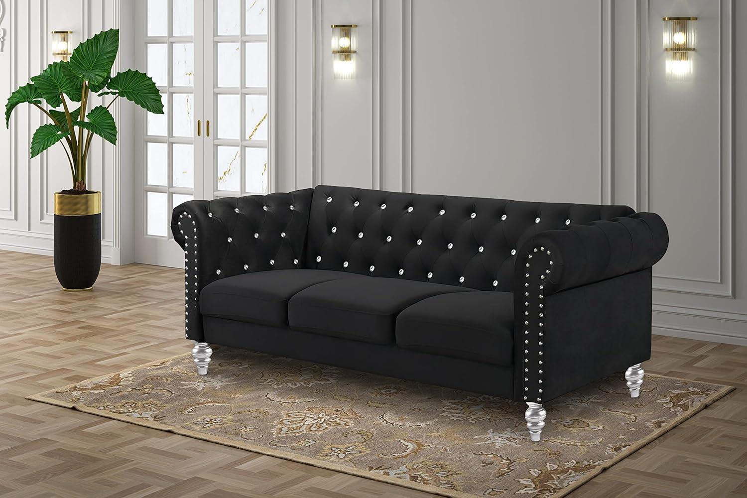 Emma Crystal 81'' Black Velvet Chesterfield Sofa with Nailhead Trim