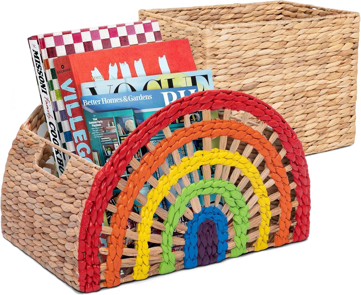 Adore Decor Dorothy Rainbow Wicker Basket (2 Pieces), Large and Medium Size Storage, Handwoven Water Hyacinth