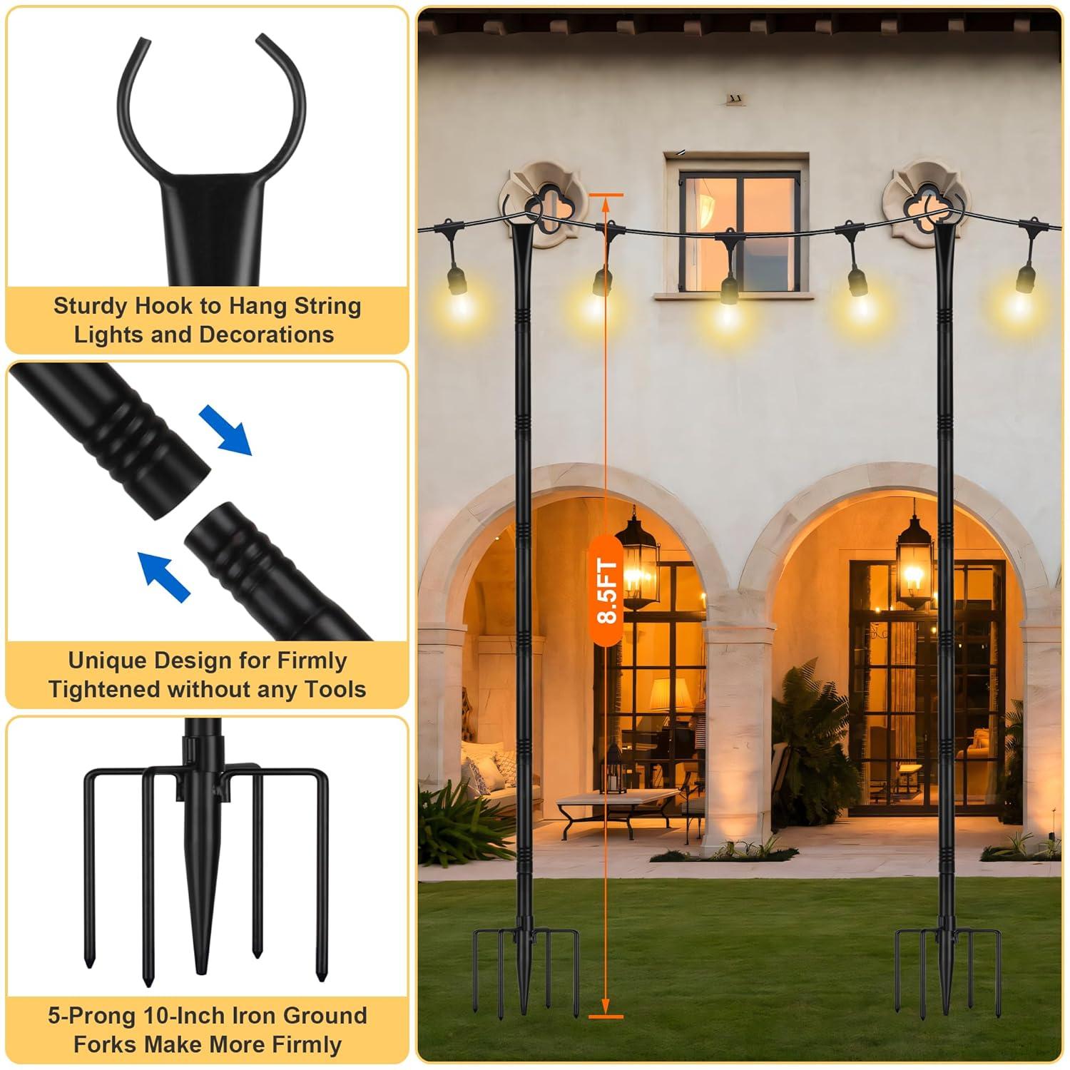 Suchtale 2 Pack 2.8 FT String Light Poles, Suspension Outdoor Fence Post Lights with Clip and Bracket SL-007-WF