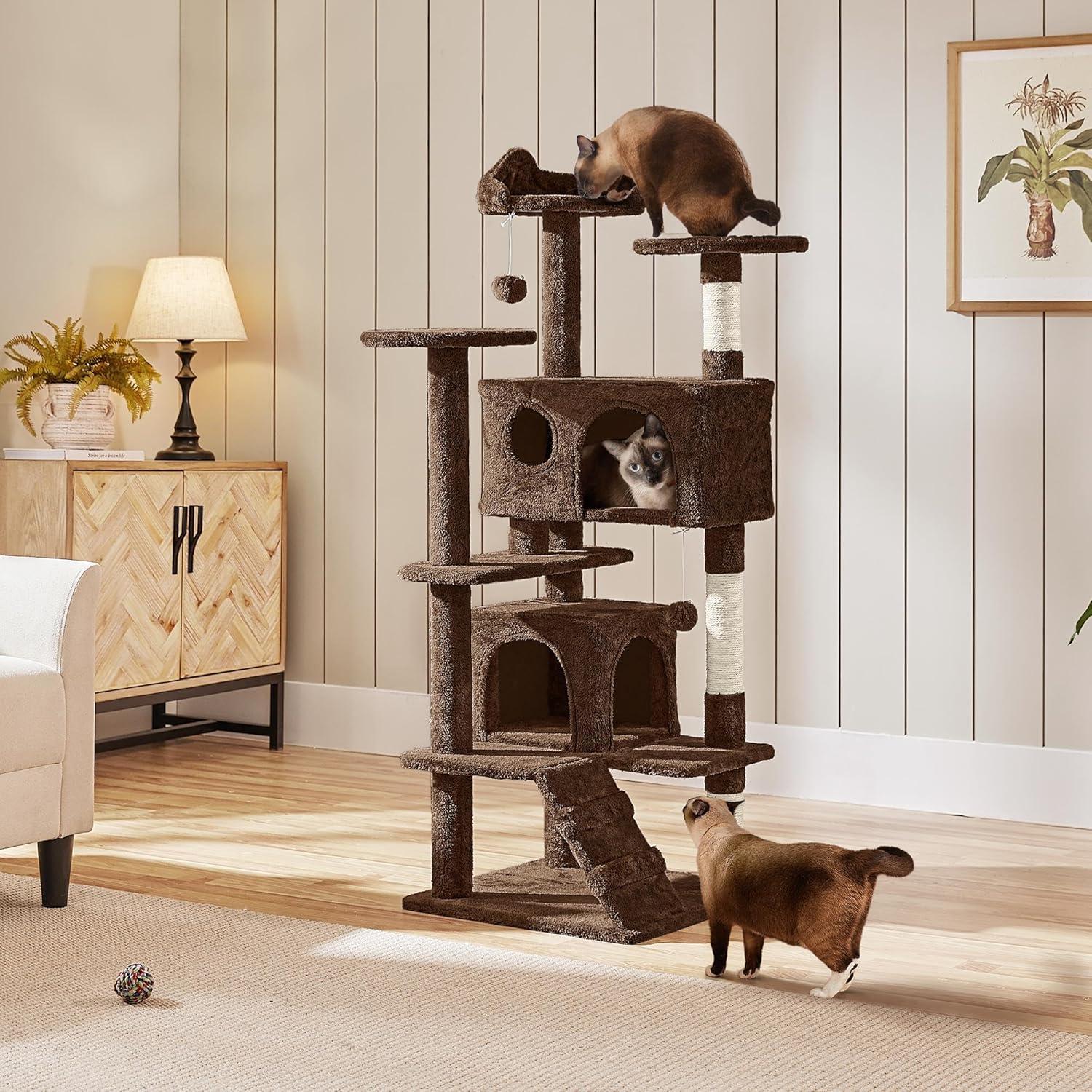 54" Brown Cat Tree Tower with Sisal Scratching Posts and Condos