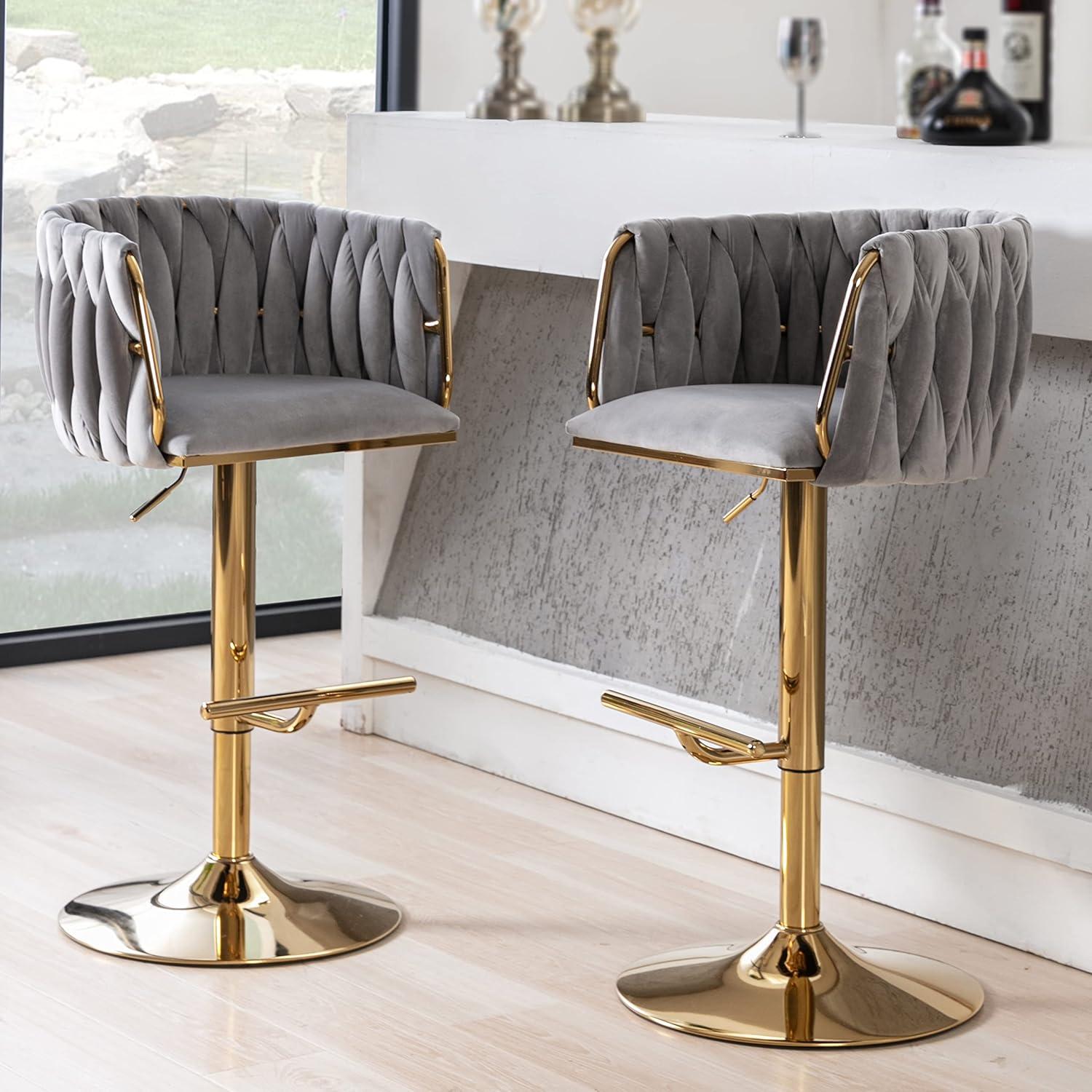 Velvet Bar Stools Set of 2, Counter Height Bar Stools with Low Back, Gold Swivel Barstools for Kitchen Island, Bar Pub (Grey)