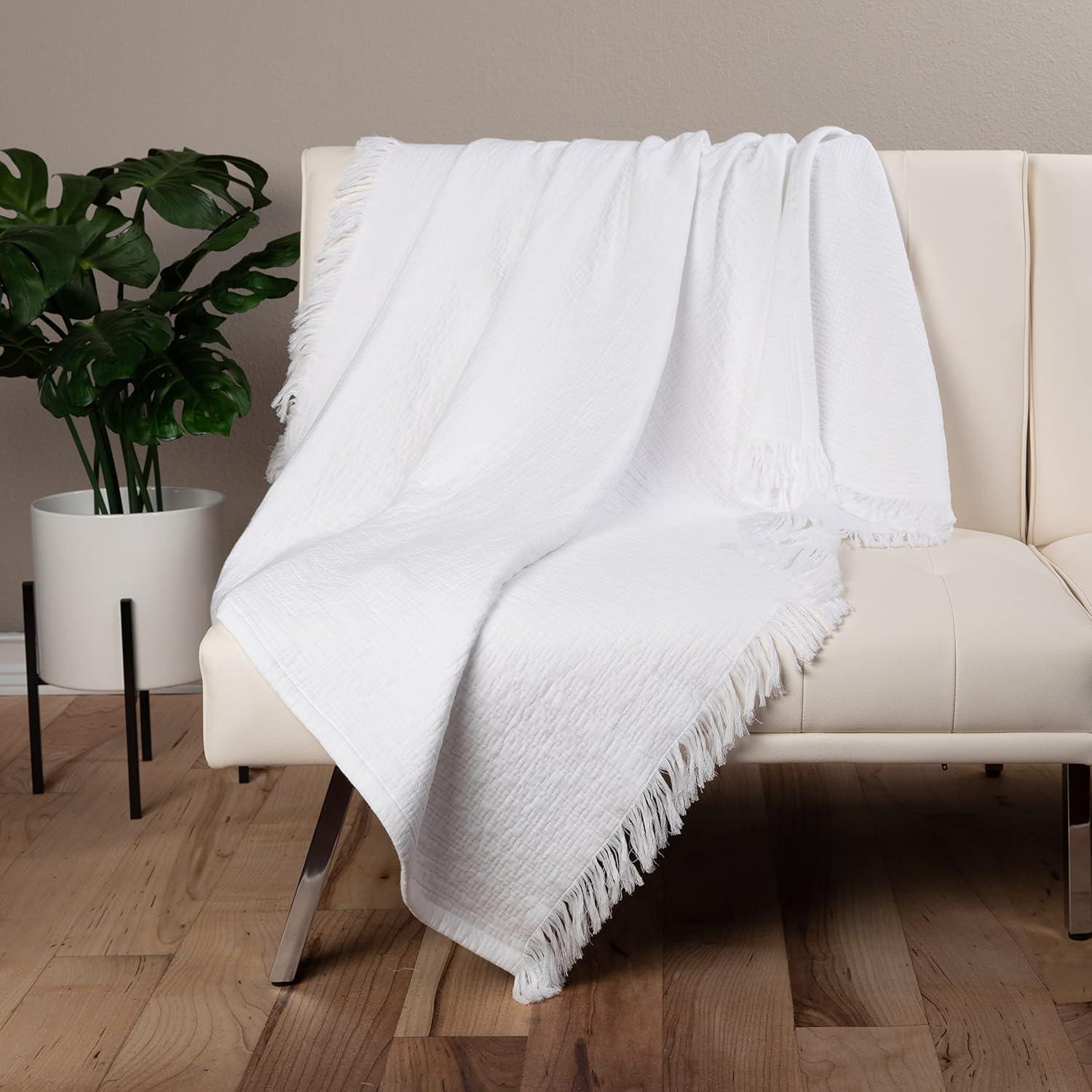 Sticky Toffee Muslin Throw Blanket for Adults, 100% Cotton, 60x50 in, Soft Lightweight and Breathable Throw for Couch, White