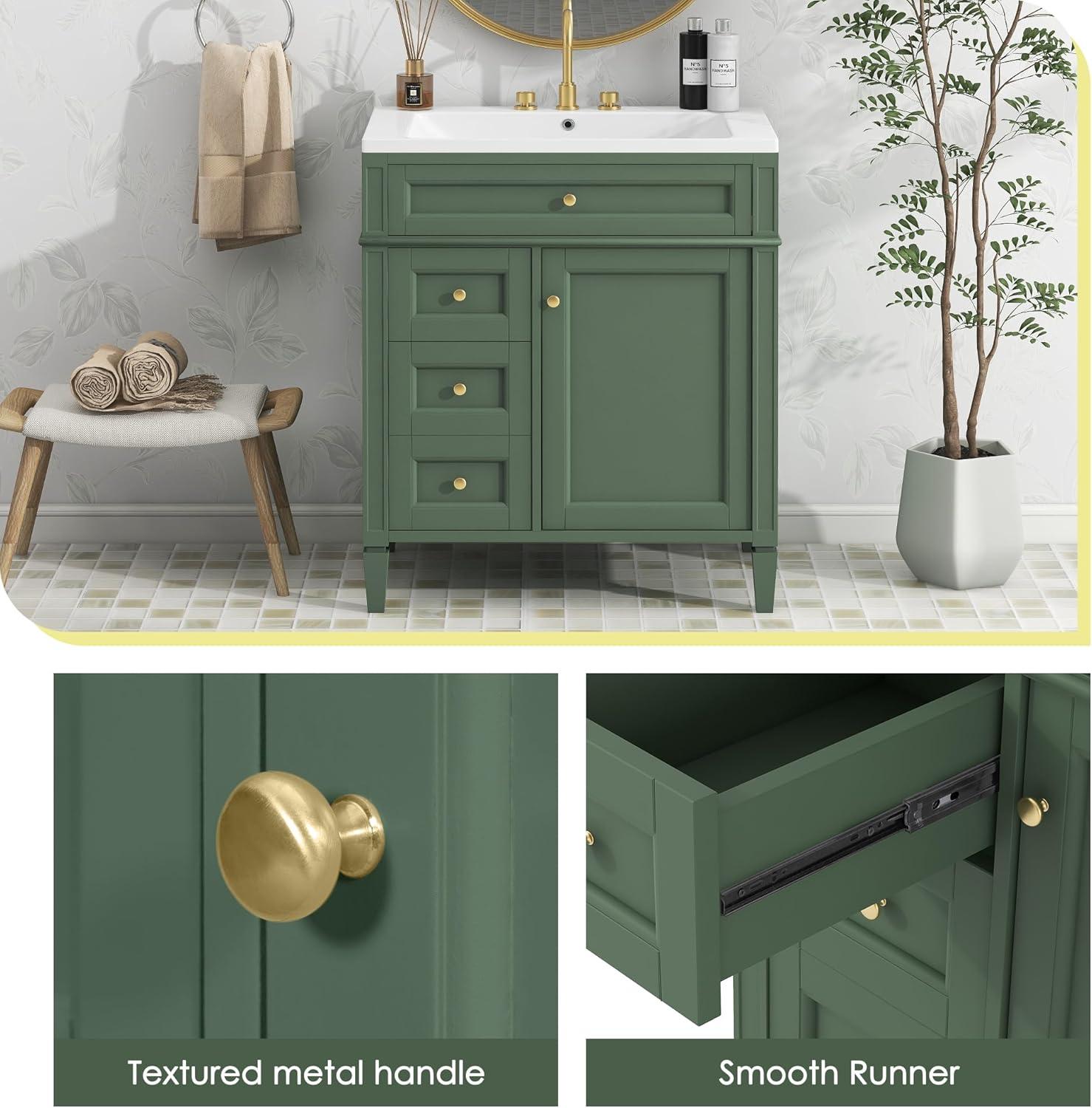 30 inch Bathroom Vanity with Top Sink, Modern Bathroom Storage Cabinet with 2 Drawers and a Tip-out Drawer, Freestanding Single Sink Bathroom Vanity, Green