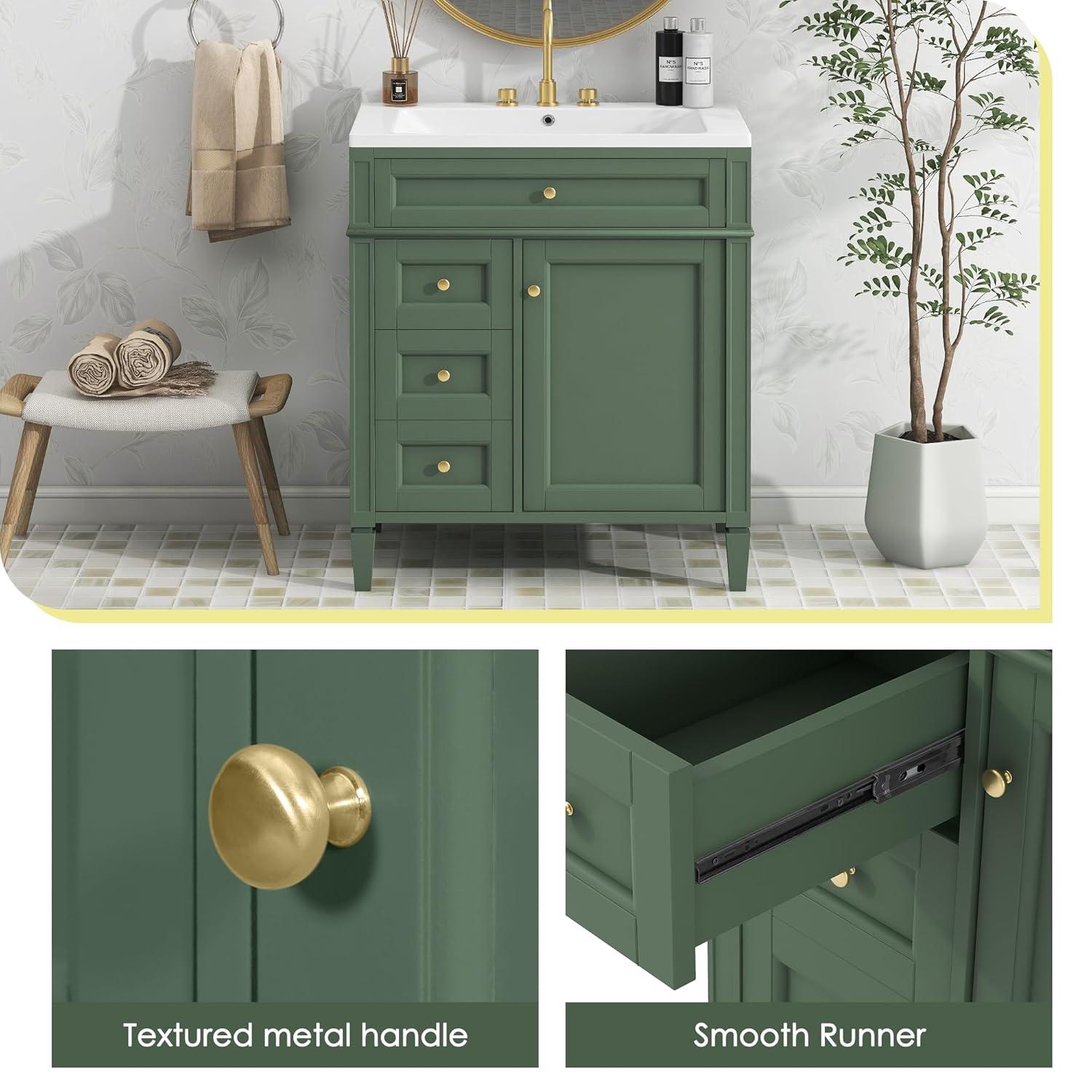 30 inch Bathroom Vanity with Top Sink, Modern Bathroom Storage Cabinet with 2 Drawers and a Tip-out Drawer, Freestanding Single Sink Bathroom Vanity, Green