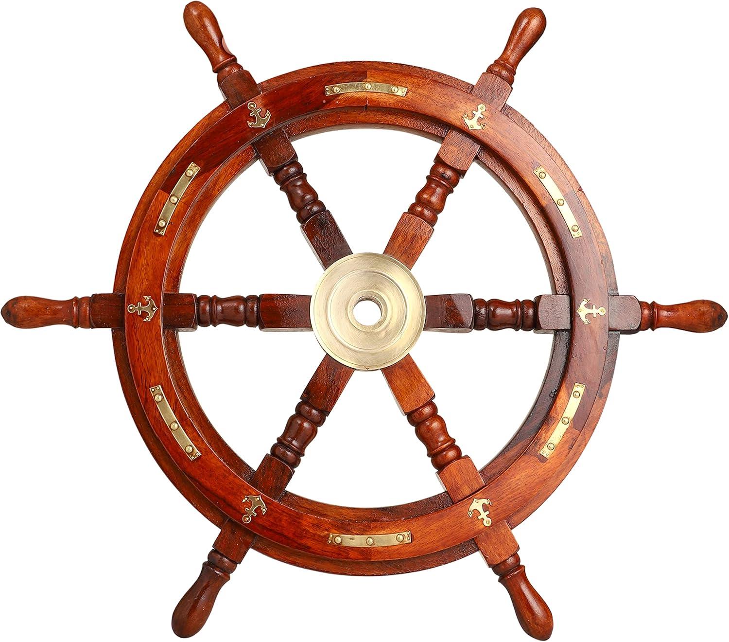 24" Dark Rosewood and Brass Nautical Ship Wheel Decor