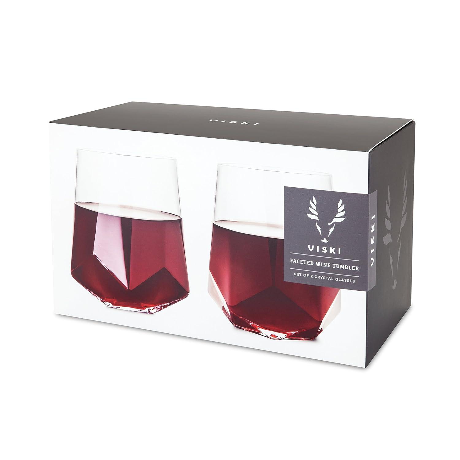 Viski Raye Faceted Crystal Wine Glasses Set of 2 - Premium Crystal Clear Glass, Modern Stemless, Wine Glass Gift Set, 20 oz