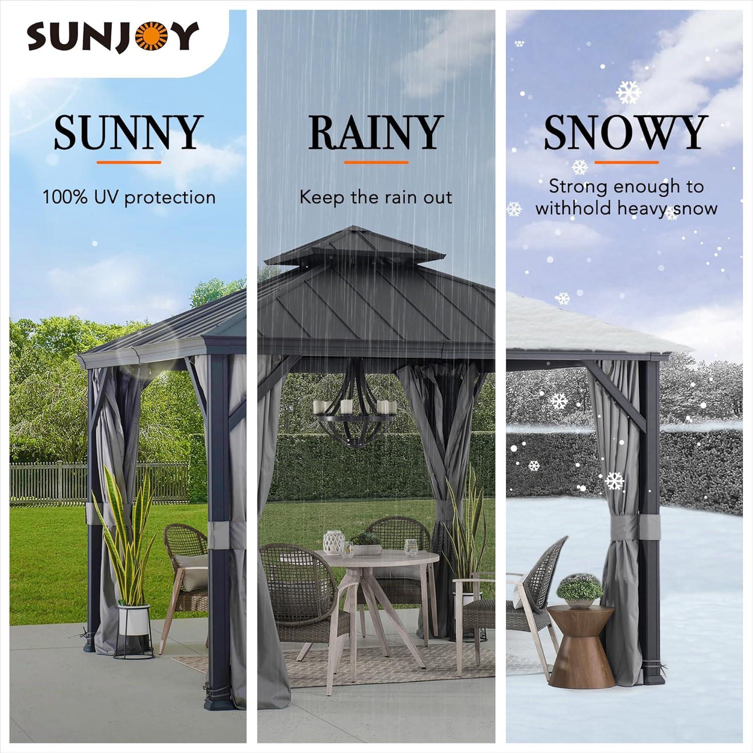 Sunjoy 10 ft. x 10 ft. Hardtop Gazebo, Outdoor Patio Aluminum Frame Gazebo with 2-Tier Steel Hardtop Backyard Gazebo with Netting, Curtain, and Ceiling Hook