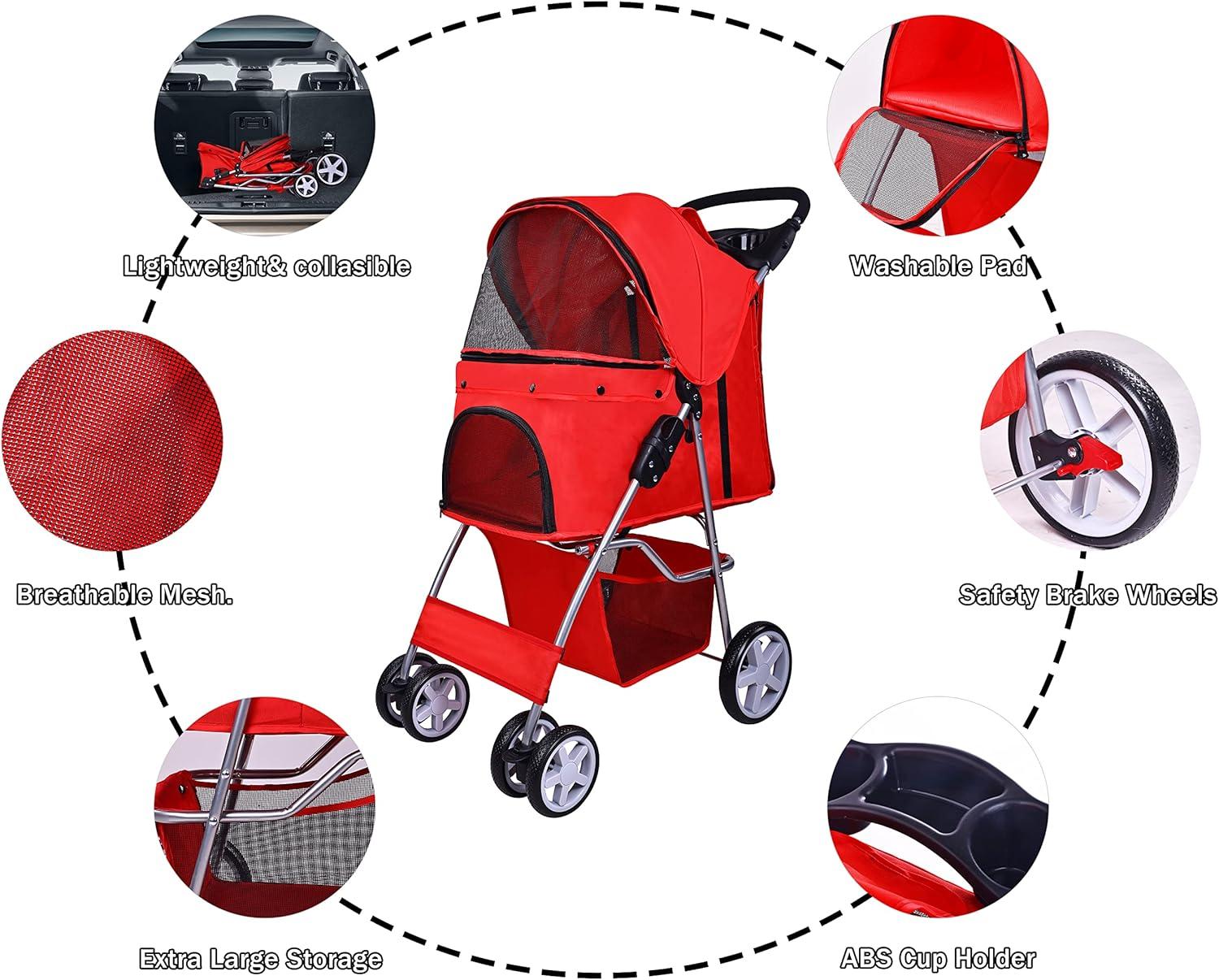 Pet Stroller, 4 Wheels Multifunction Dog Cat Stroller, Folding Portable Travel Stroller with Detachable Carrier, Suitable for Medium Small Dogs Cats, Red