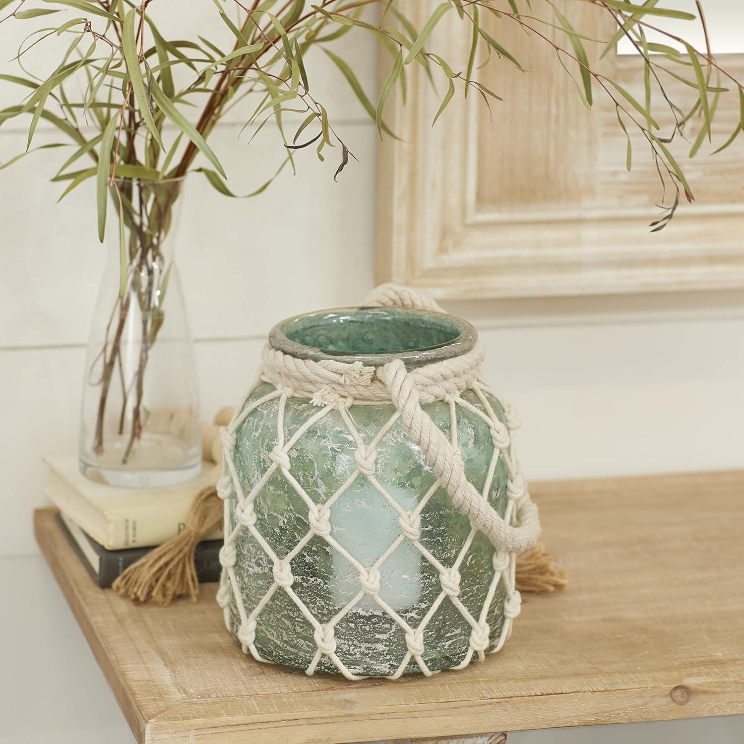 DecMode Blue Glass Decorative Candle Lantern with Rope Handle