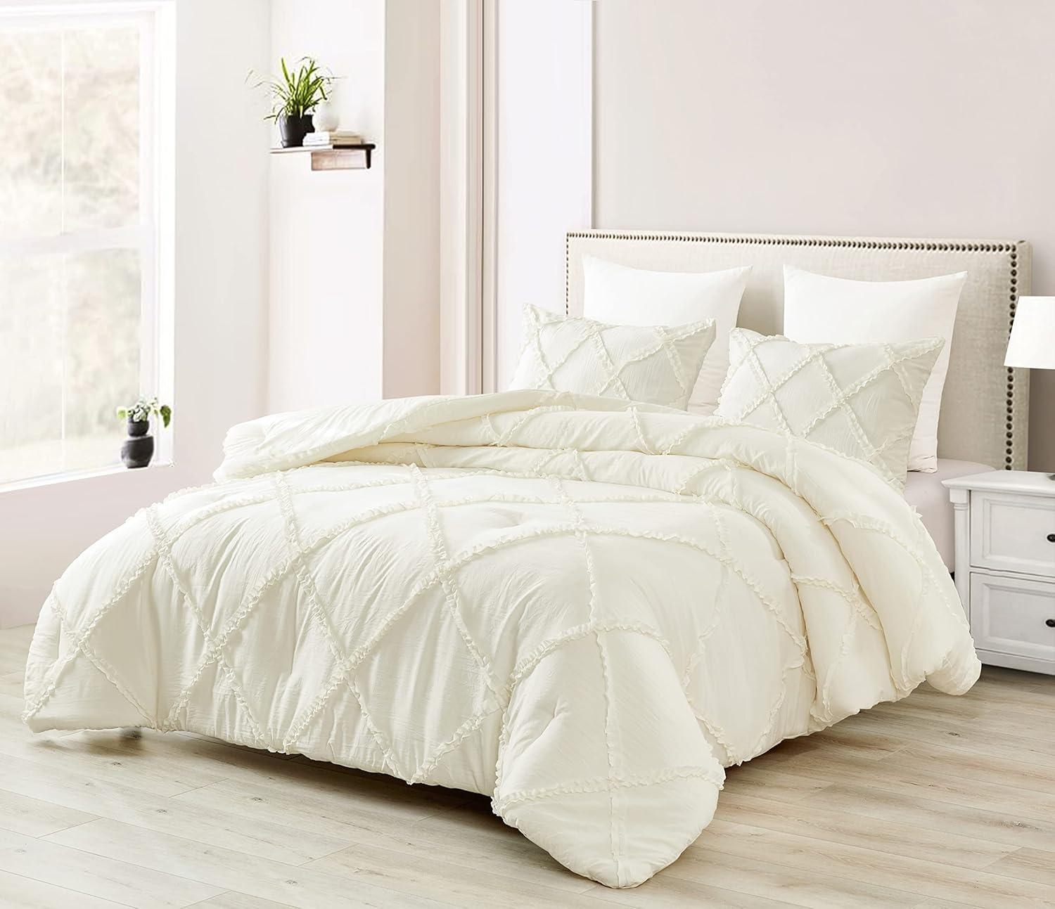 Vivian Twin Ivory Microfiber Comforter Set with Ruffle Trim