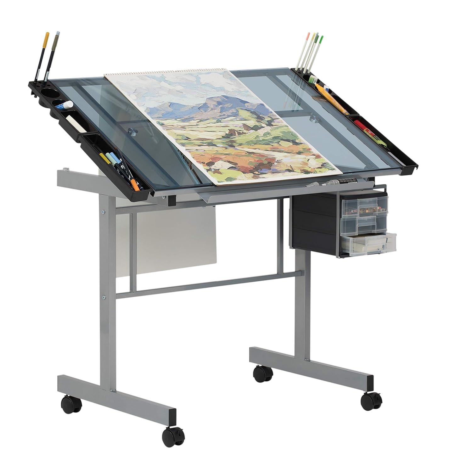 Inbox Zero Craddock Adjustable Glass Top Metal Base Drafting Table