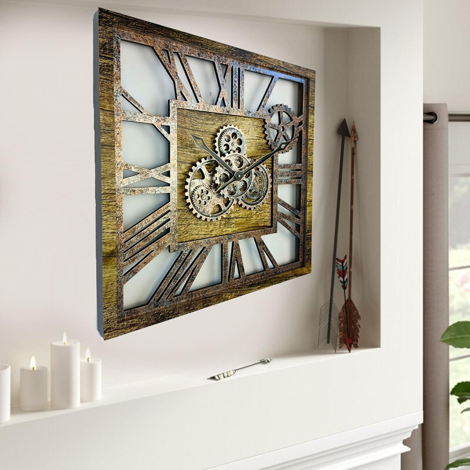 THE GEARS CLOCK Wall Clock with Real Moving Gears AM-LI_ 24 in Square Gold-Antique