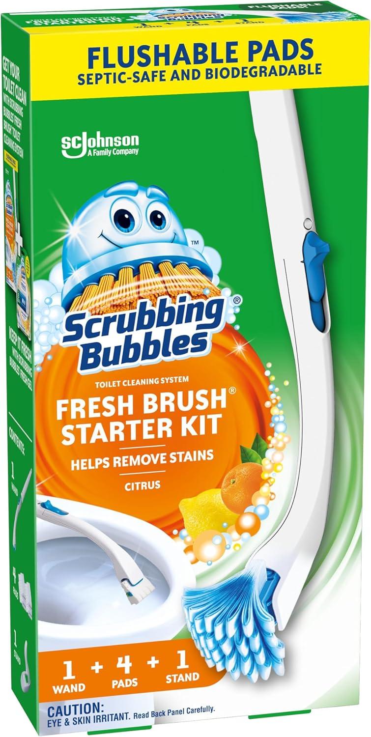 Scrubbing Bubbles Fresh Brush Starter Kit, Citrus - Toilet Cleaning System with Flushable Pads (19 Inch Handle, 4 Pads and 1 Stand)