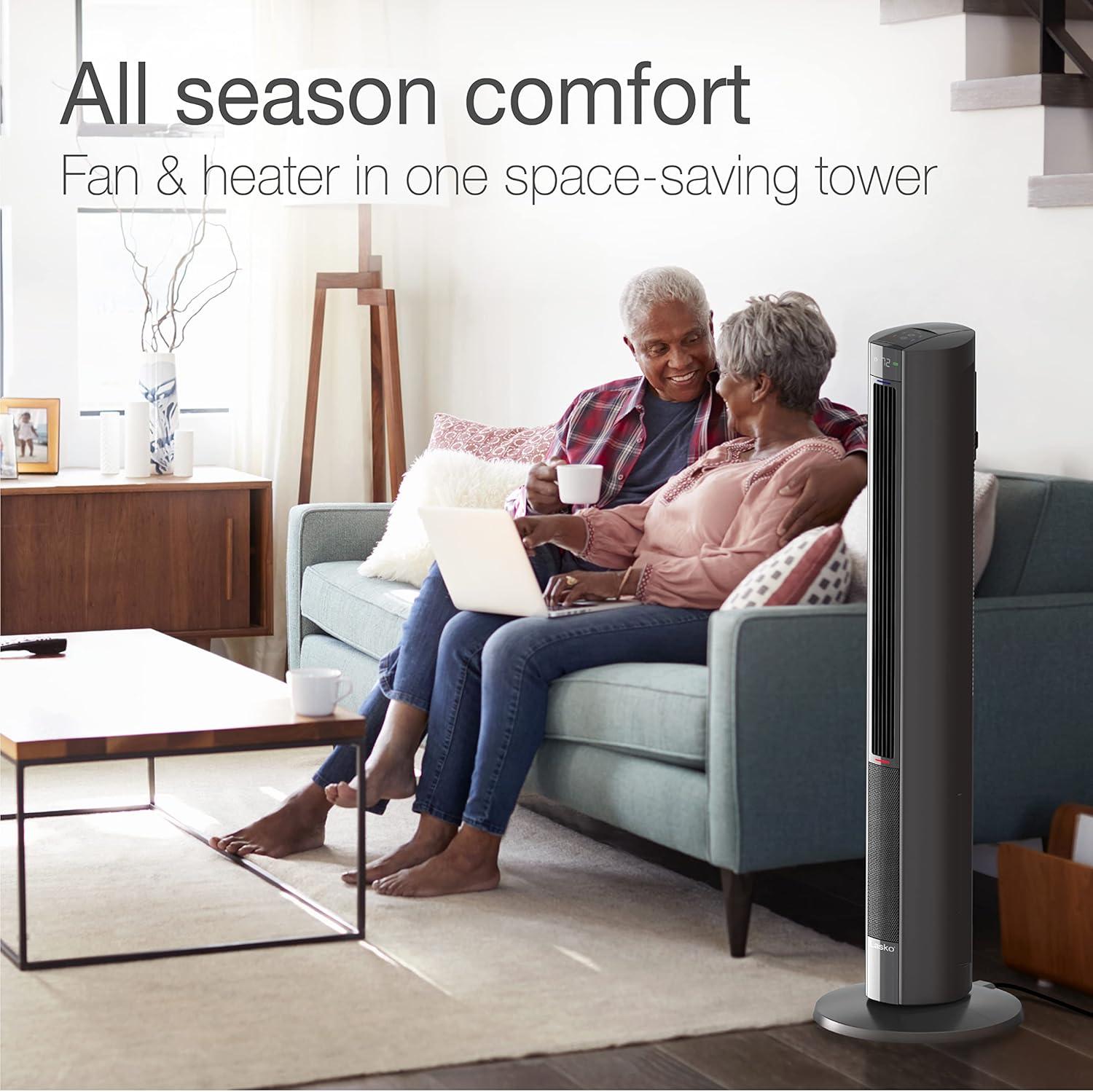 Lasko 42" 1500W All Season Tower Fan and Space Heater with Timer and Remote, Gray, FH515, New