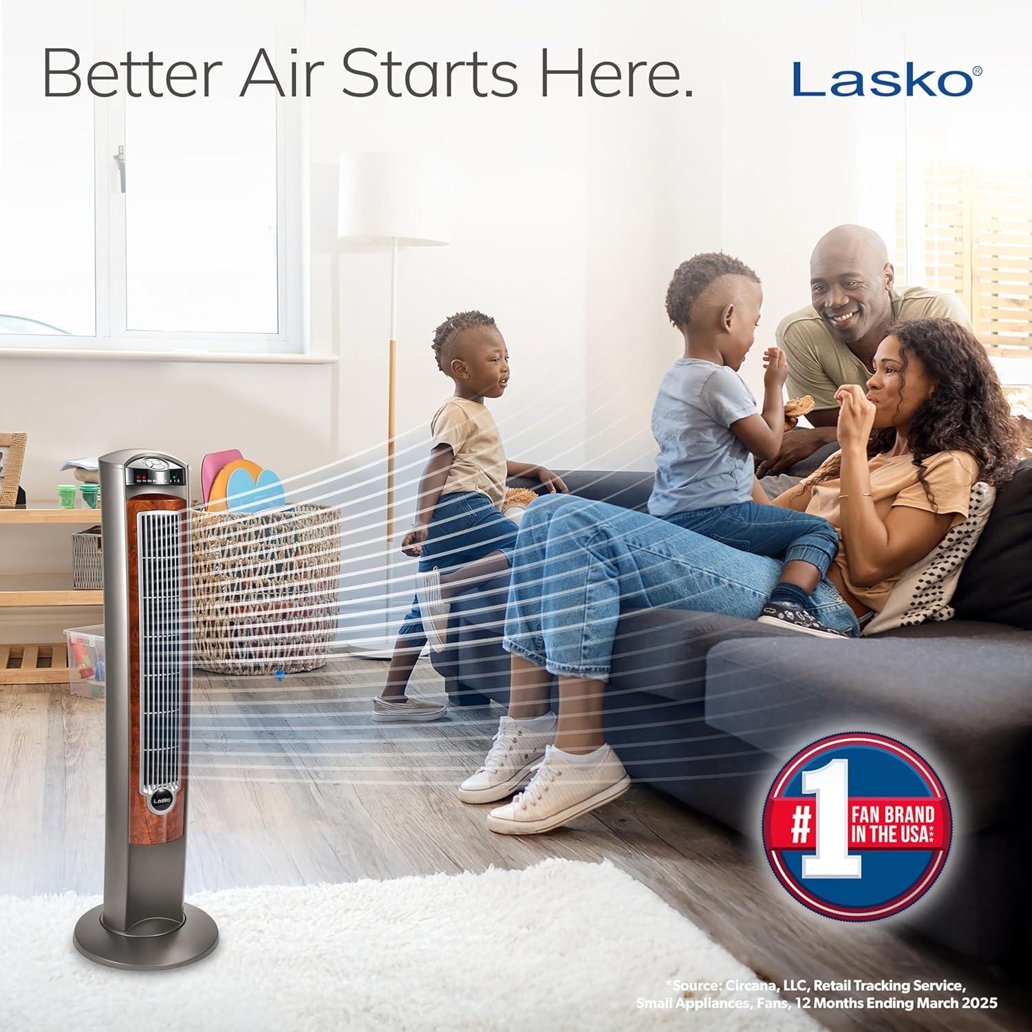 Lasko 42" Wind Curve Tower Fan with Nighttime Setting, Timer and Remote, Gray/Brown, T42954, New