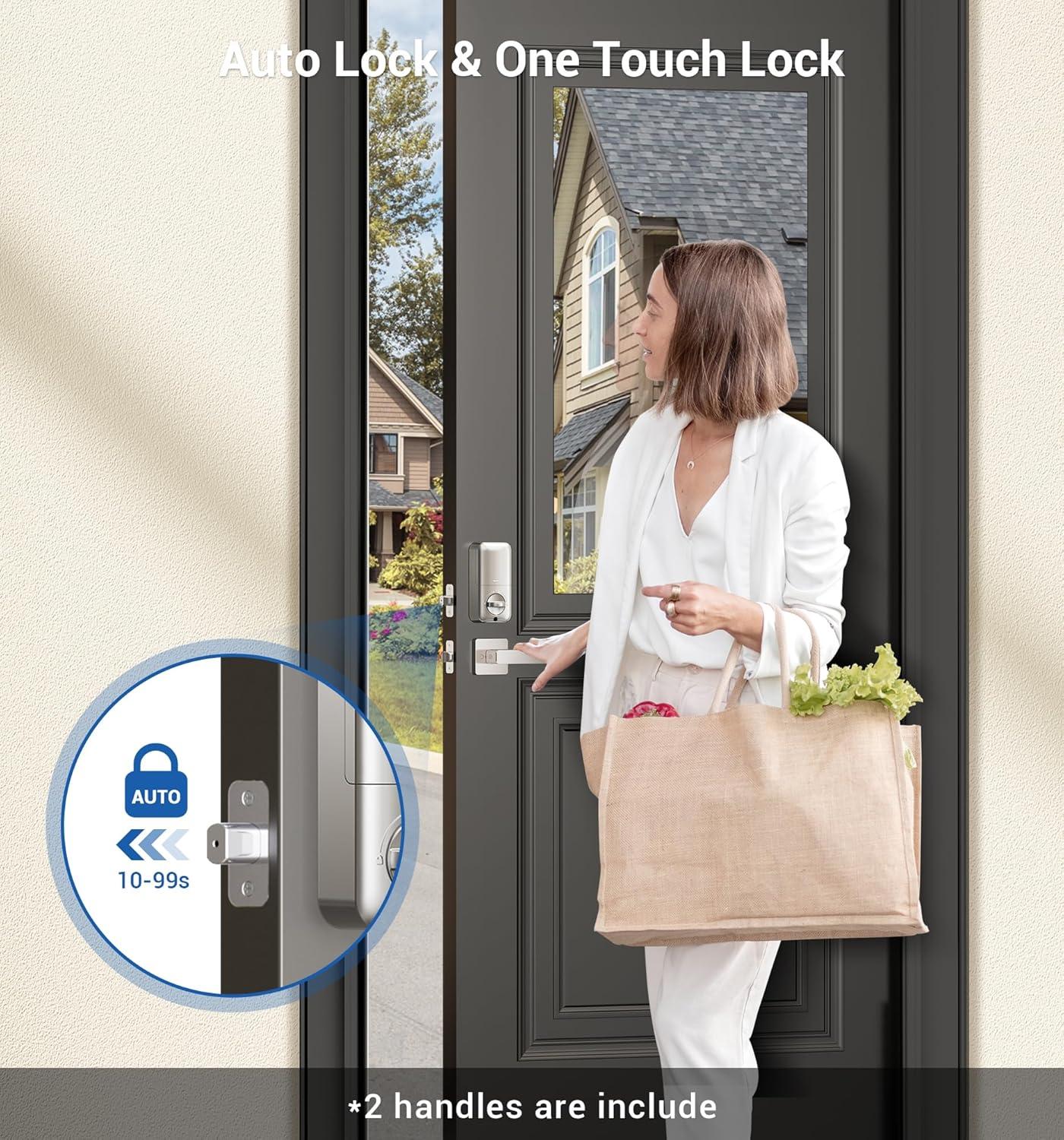 Veise Fingerprint Door Lock Set, Keyless Entry Door Lock, Front Handle Set, Electronic Keypad Deadbolt with Lever Handle, 2 Keys, Auto-Locking, One-time Codes, Easy to Install, Satin Nickel